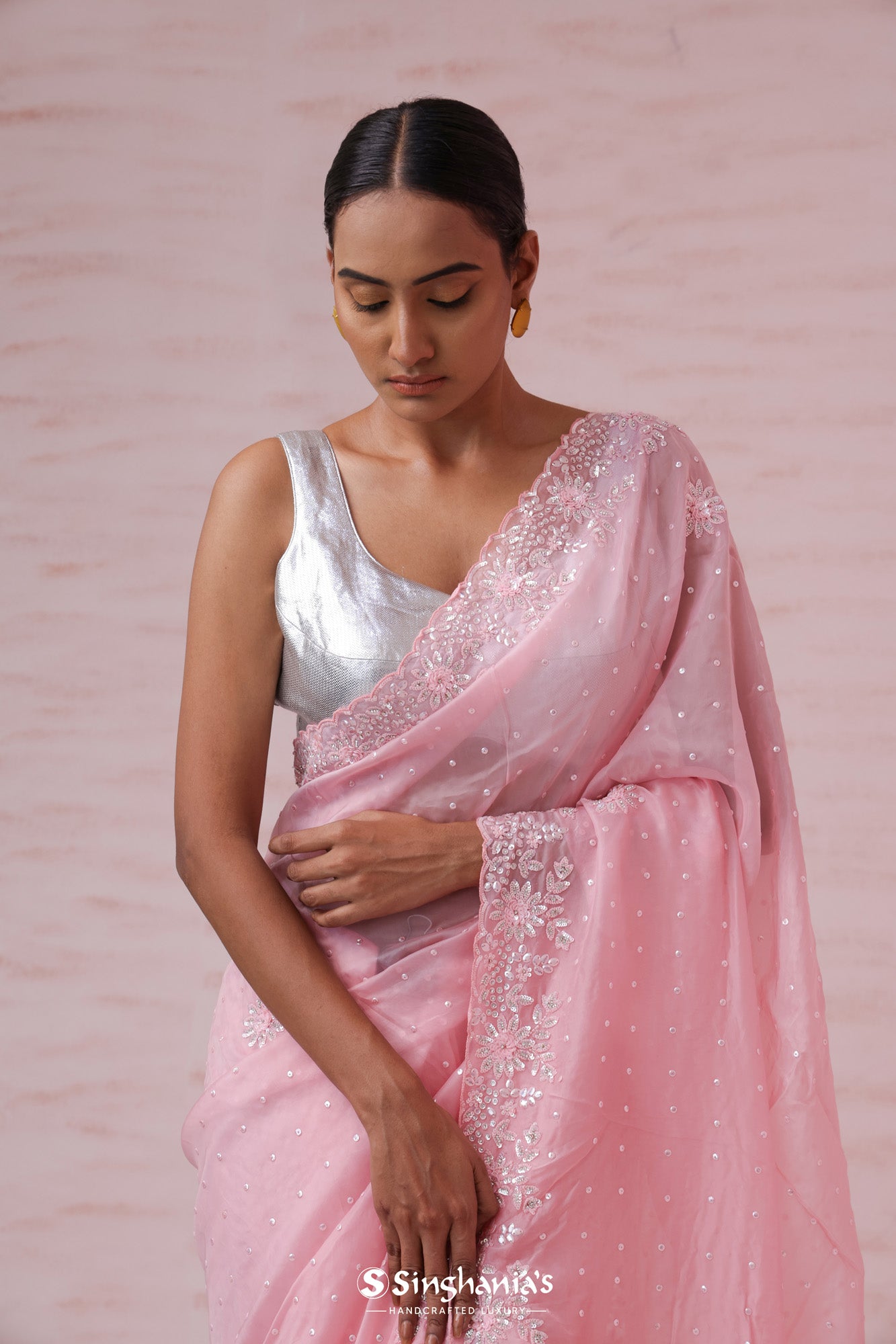 Flamingo Pink Organza Saree With Hand Embroidery