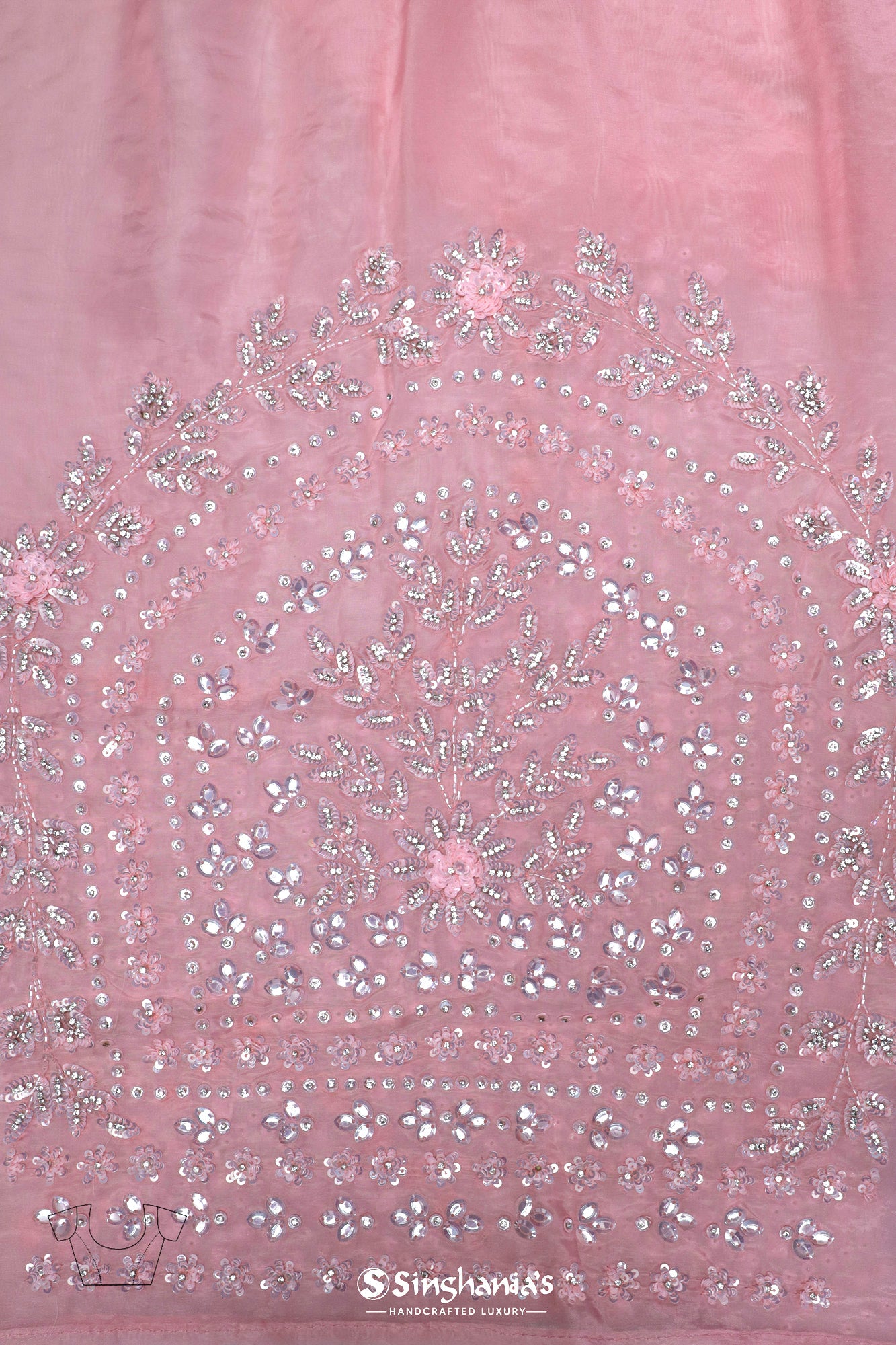 Flamingo Pink Organza Saree With Hand Embroidery