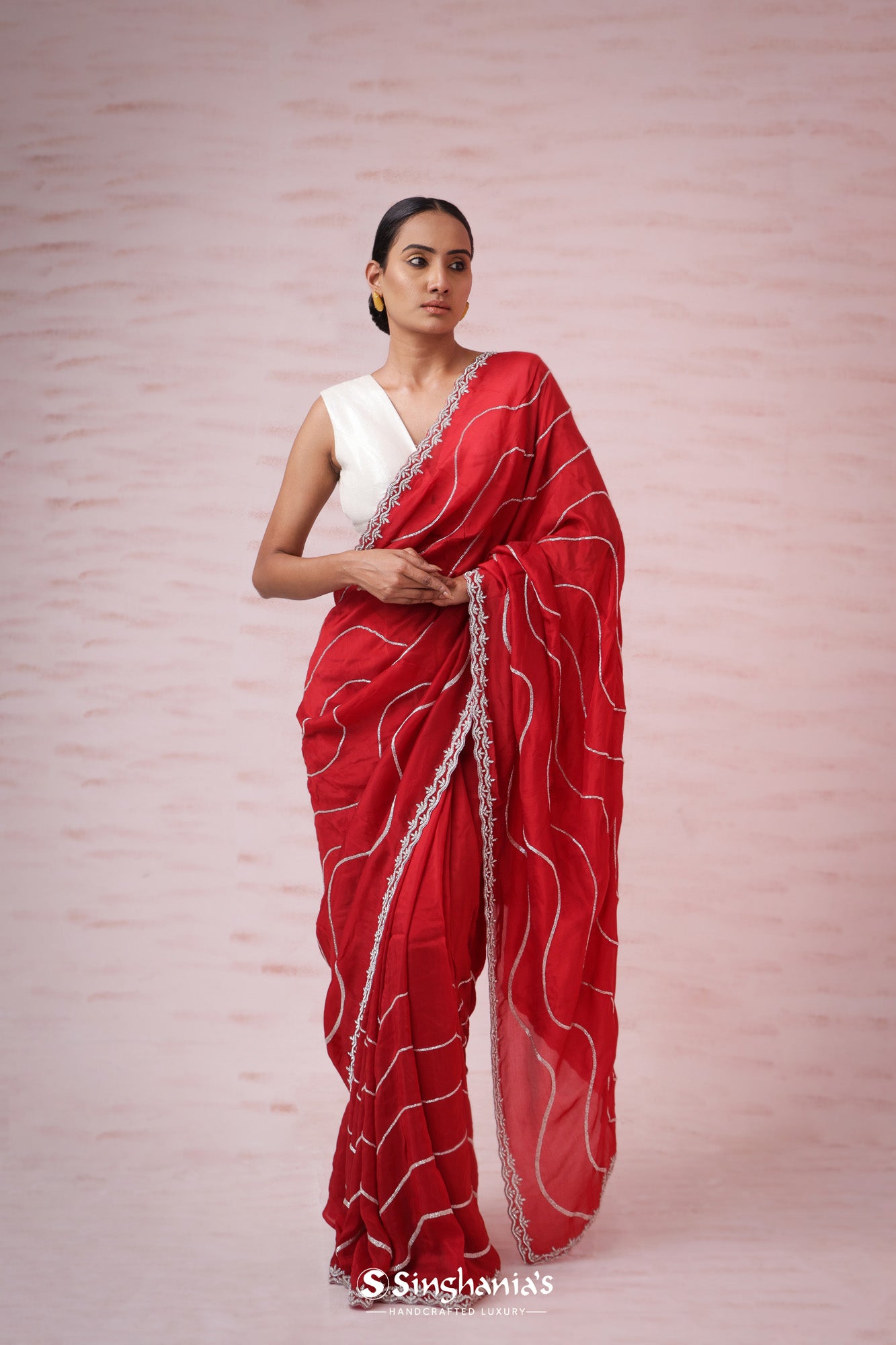 Rich Red Organza Designer Saree With Hand Embroidery