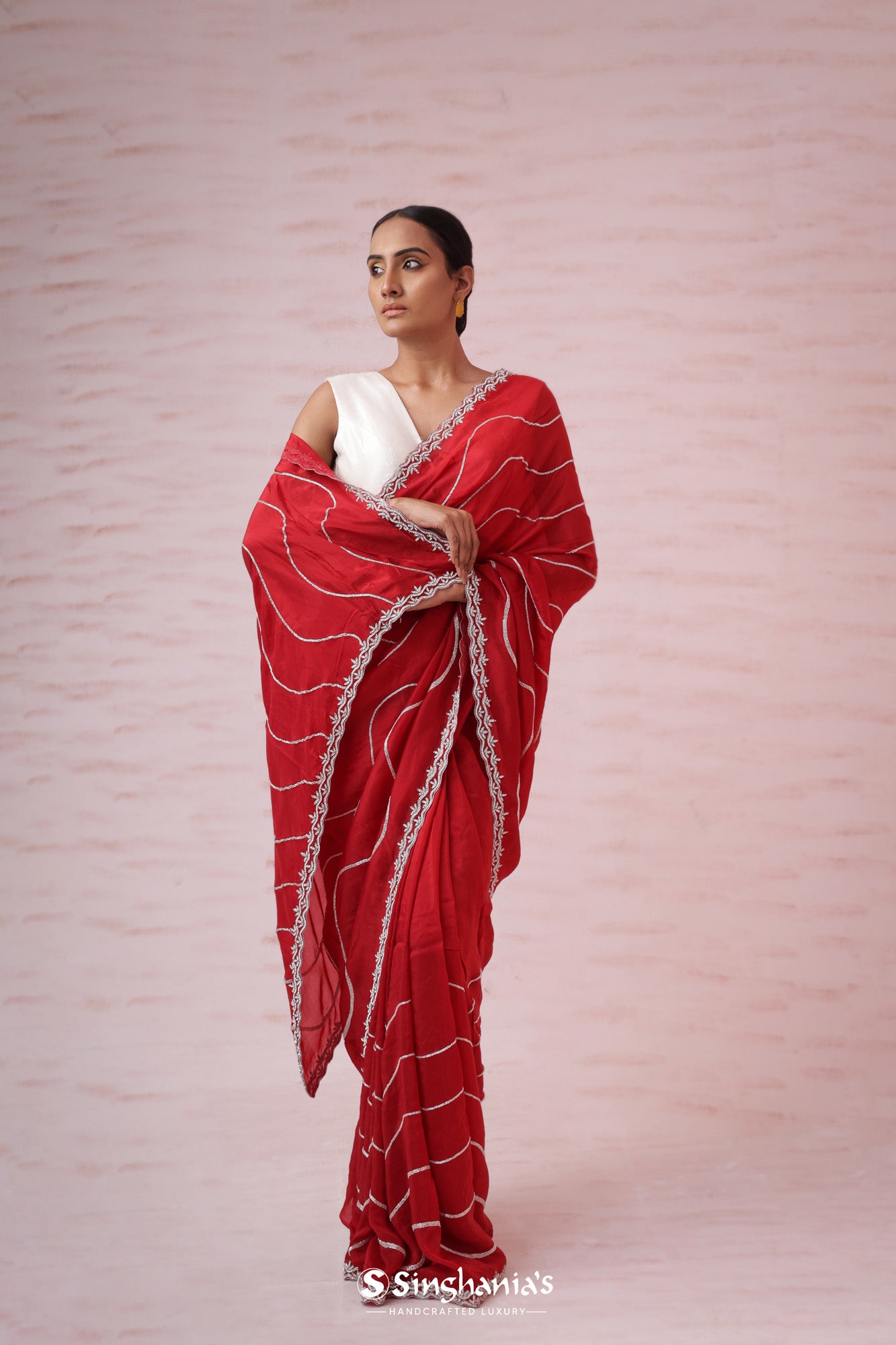 Rich Red Organza Designer Saree With Hand Embroidery