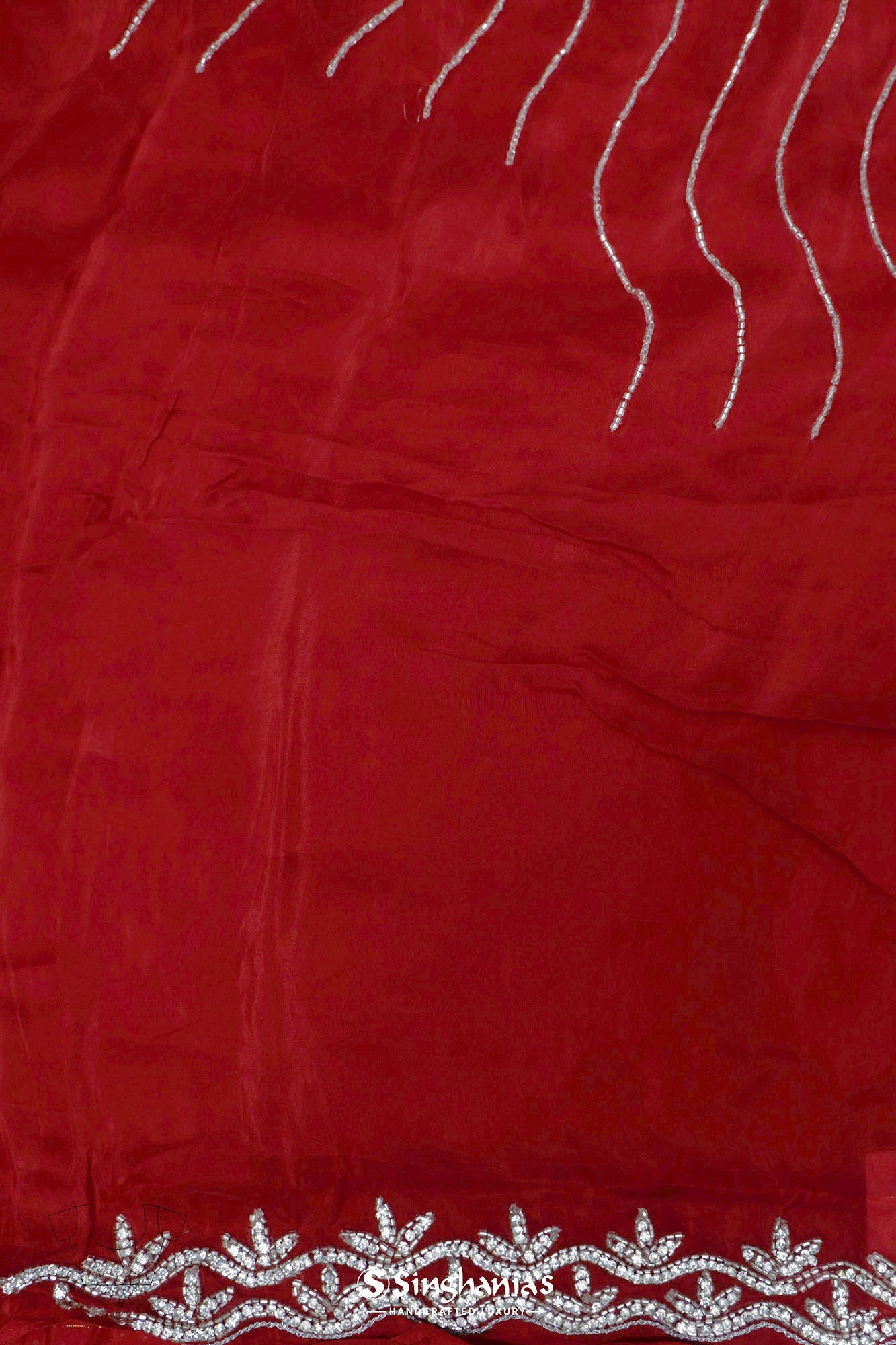 Rich Red Organza Designer Saree With Hand Embroidery