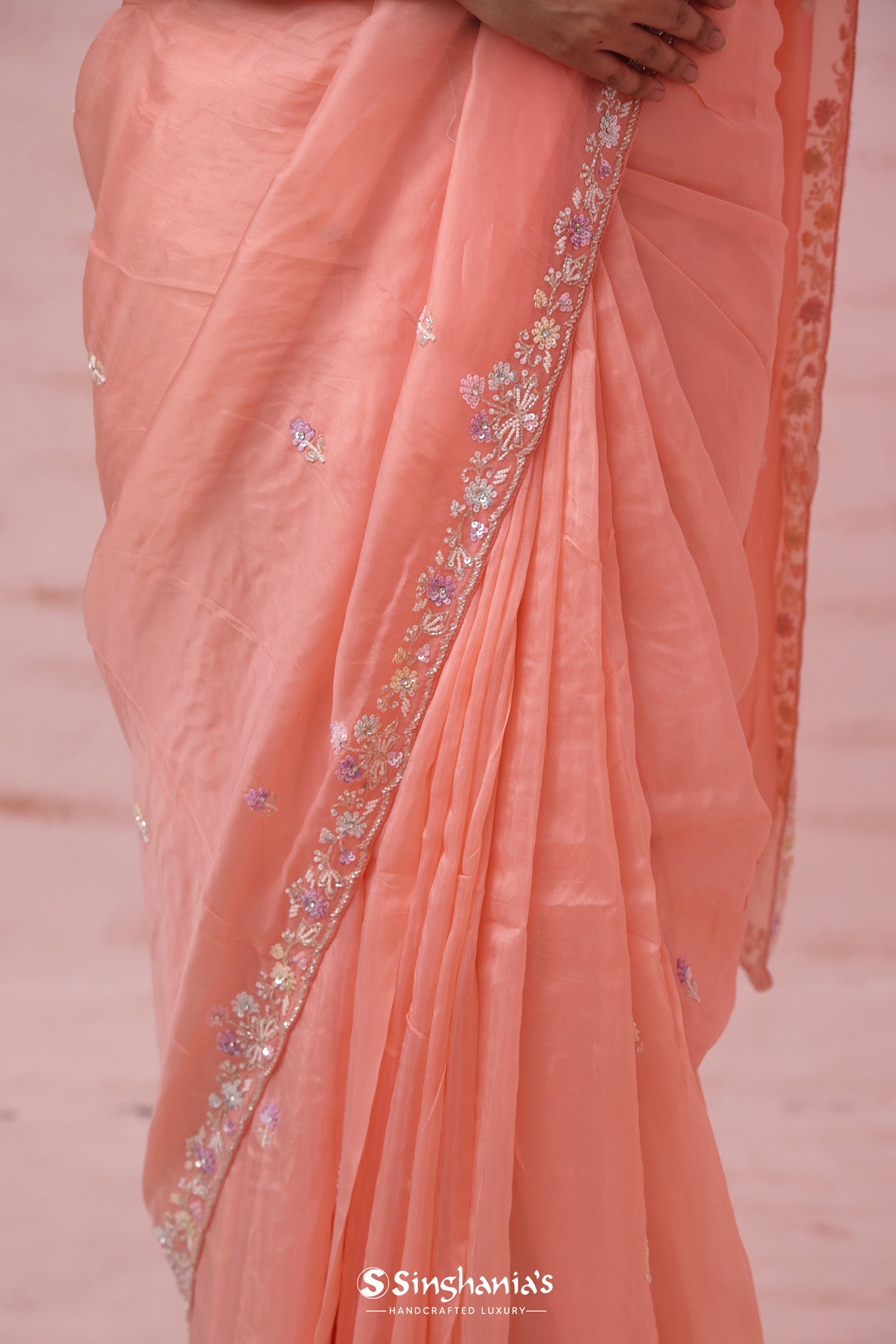 Peach Pink Organza Saree With Hand Embroidery