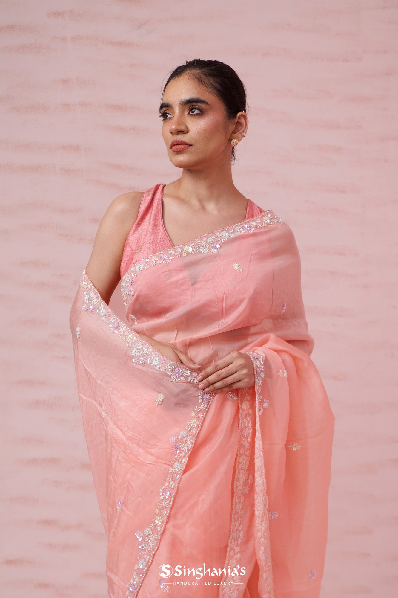 Peach Pink Organza Saree With Hand Embroidery