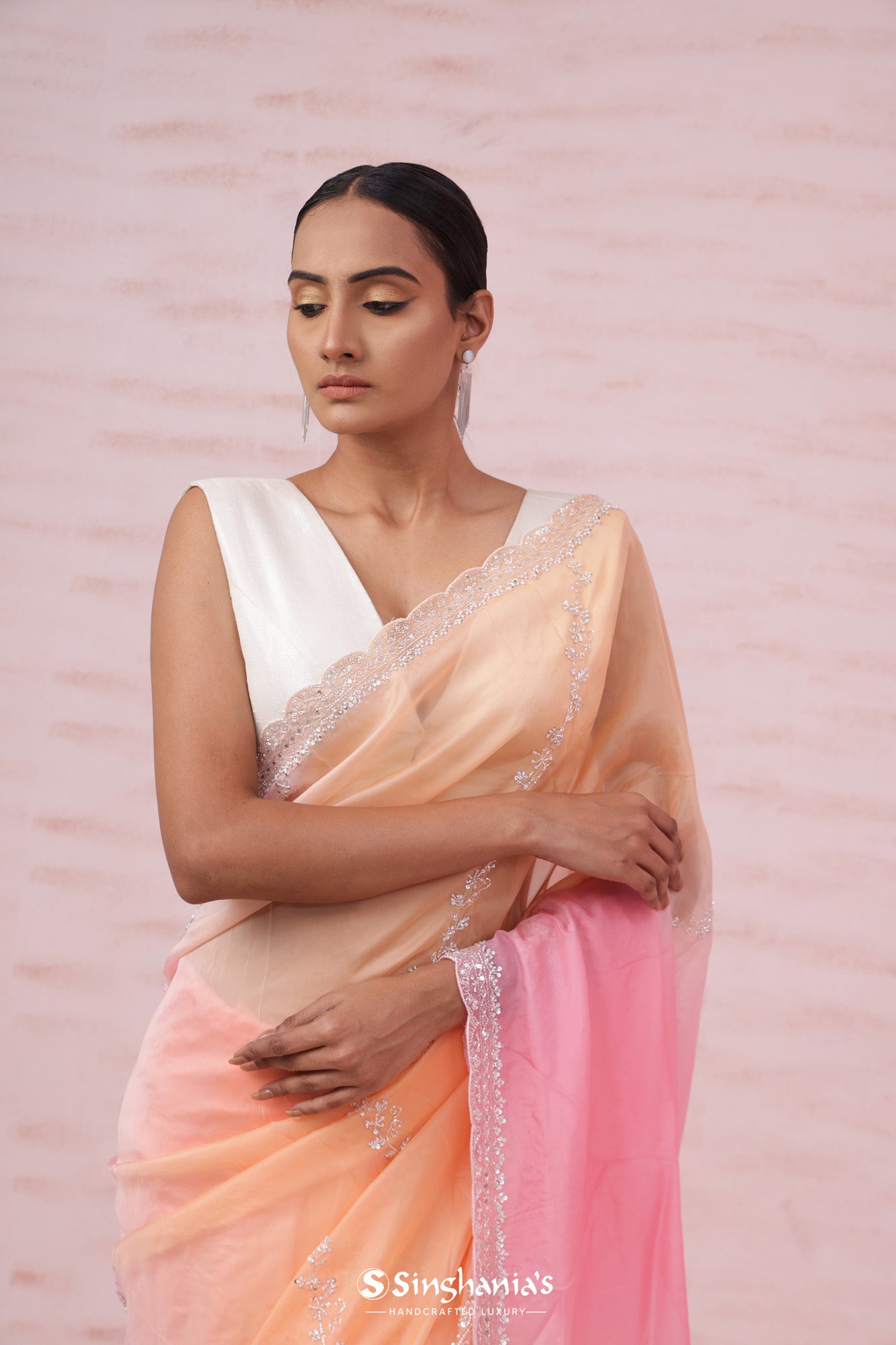 Pink - Peach Organza Designer Saree With Hand Embroidery