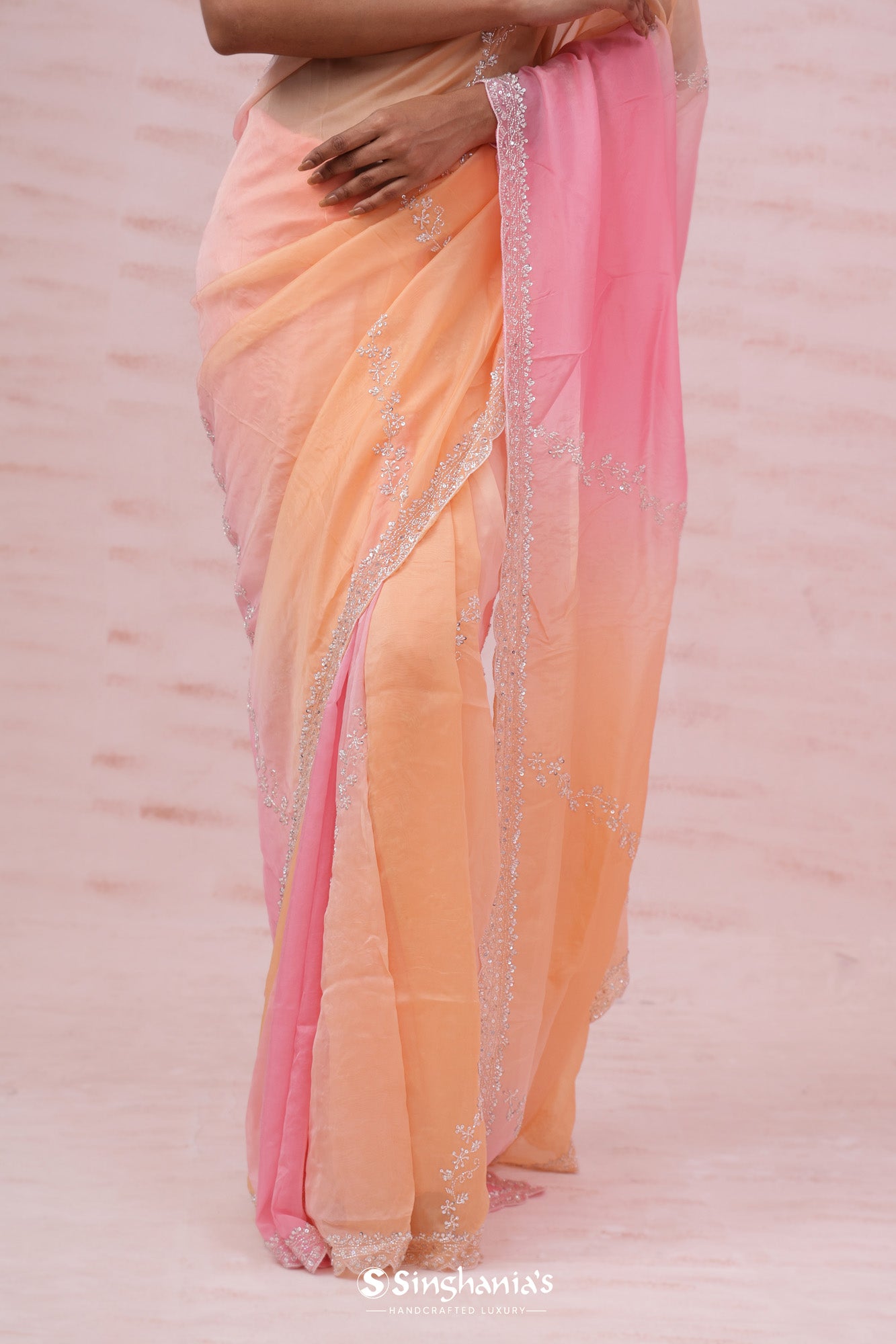 Pink - Peach Organza Designer Saree With Hand Embroidery