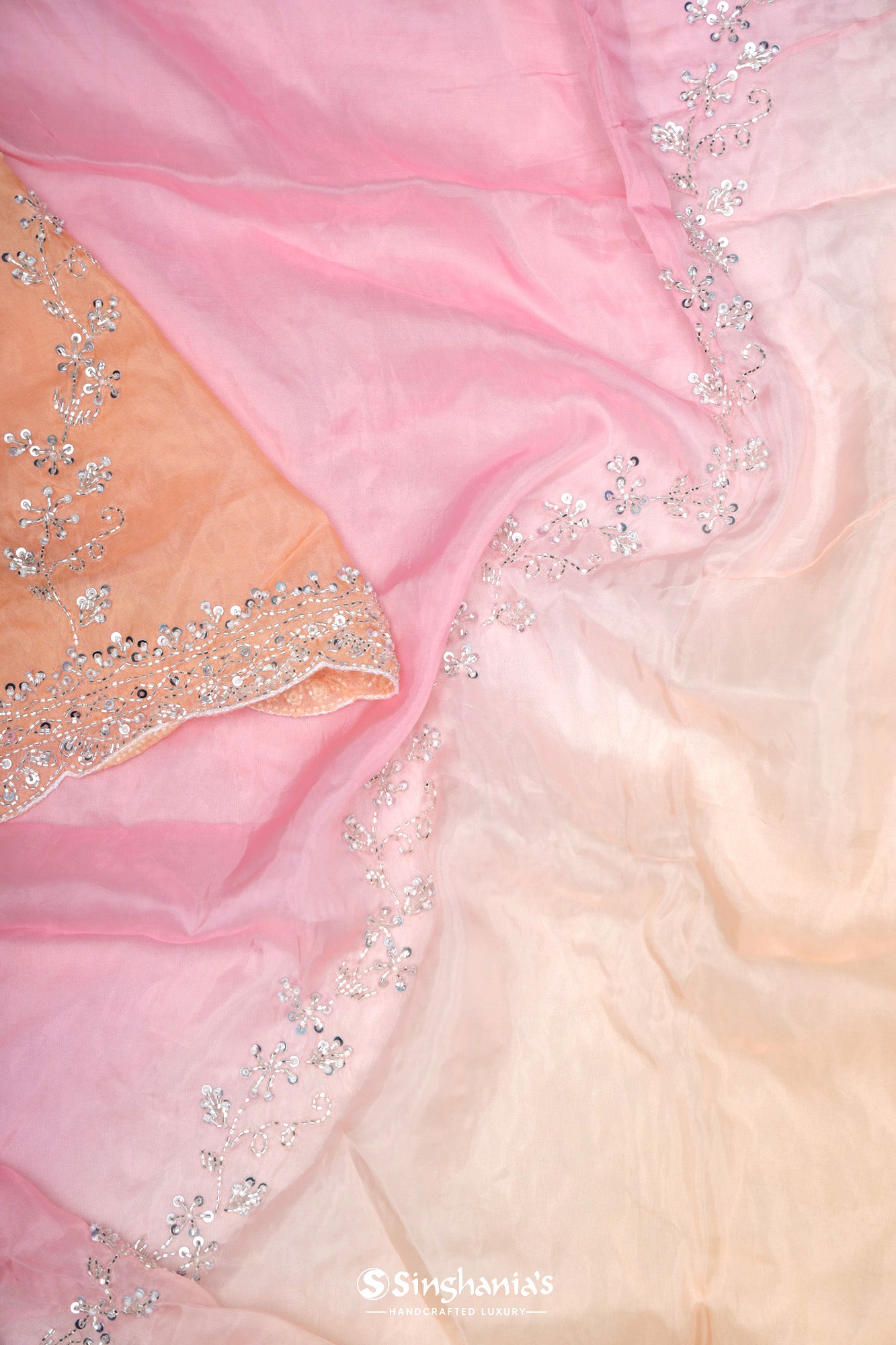 Pink - Peach Organza Designer Saree With Hand Embroidery