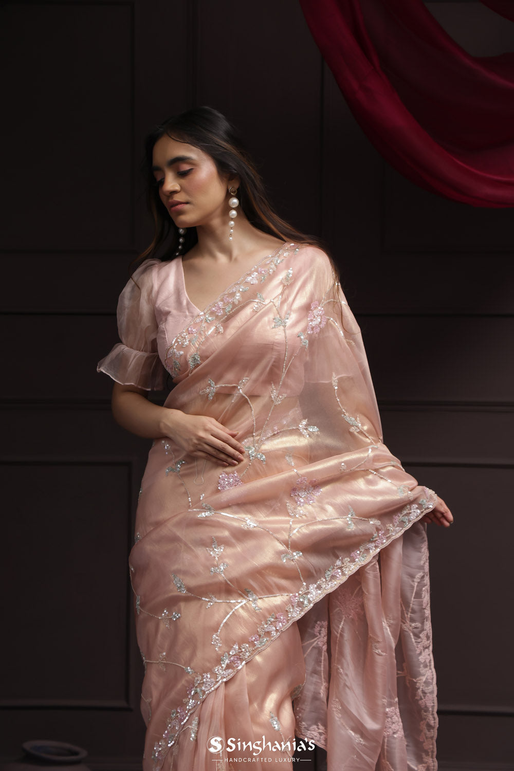 Champagne Pink Tissue Designer Saree With Floral Embroidery