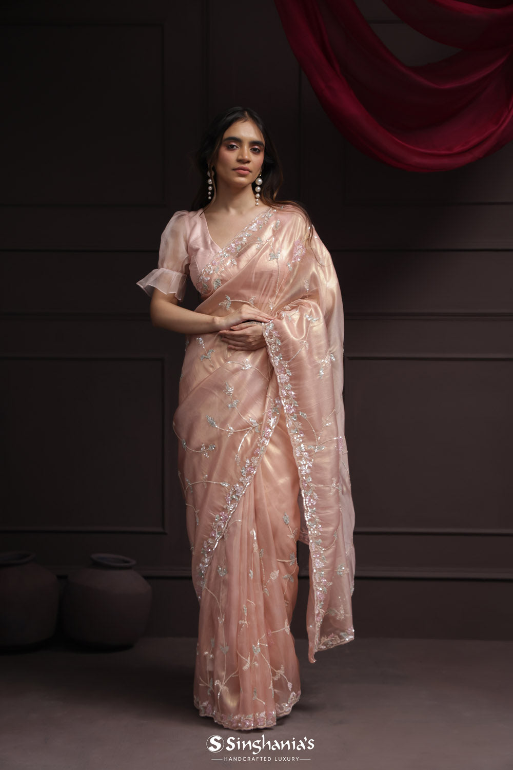 Champagne Pink Tissue Designer Saree With Floral Embroidery