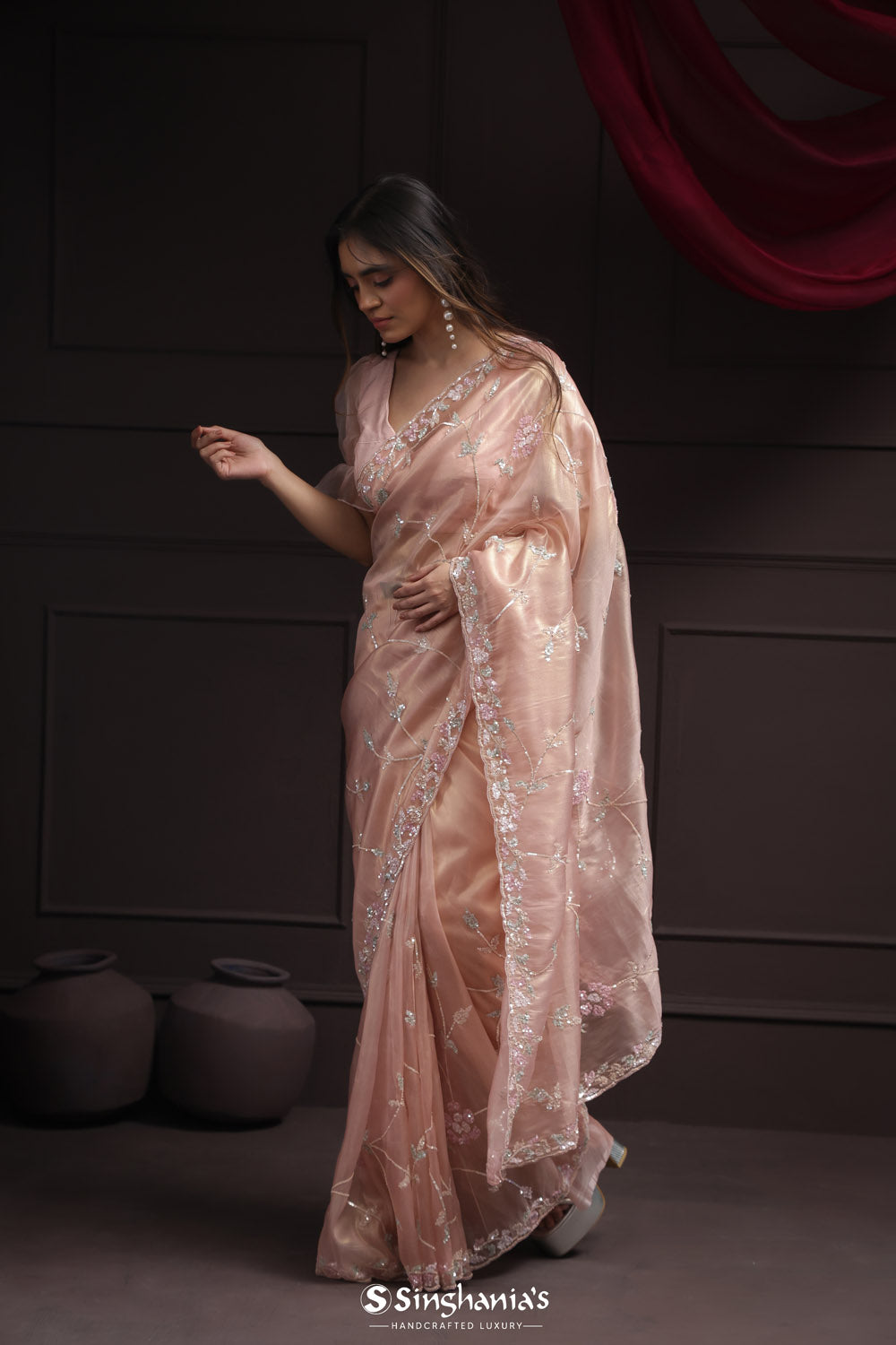 Champagne Pink Tissue Designer Saree With Floral Embroidery