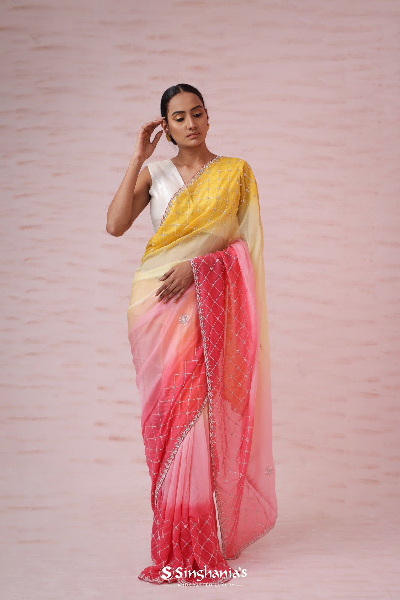 Yellow And Peach Tissue Organza Saree With Hand Embroidery