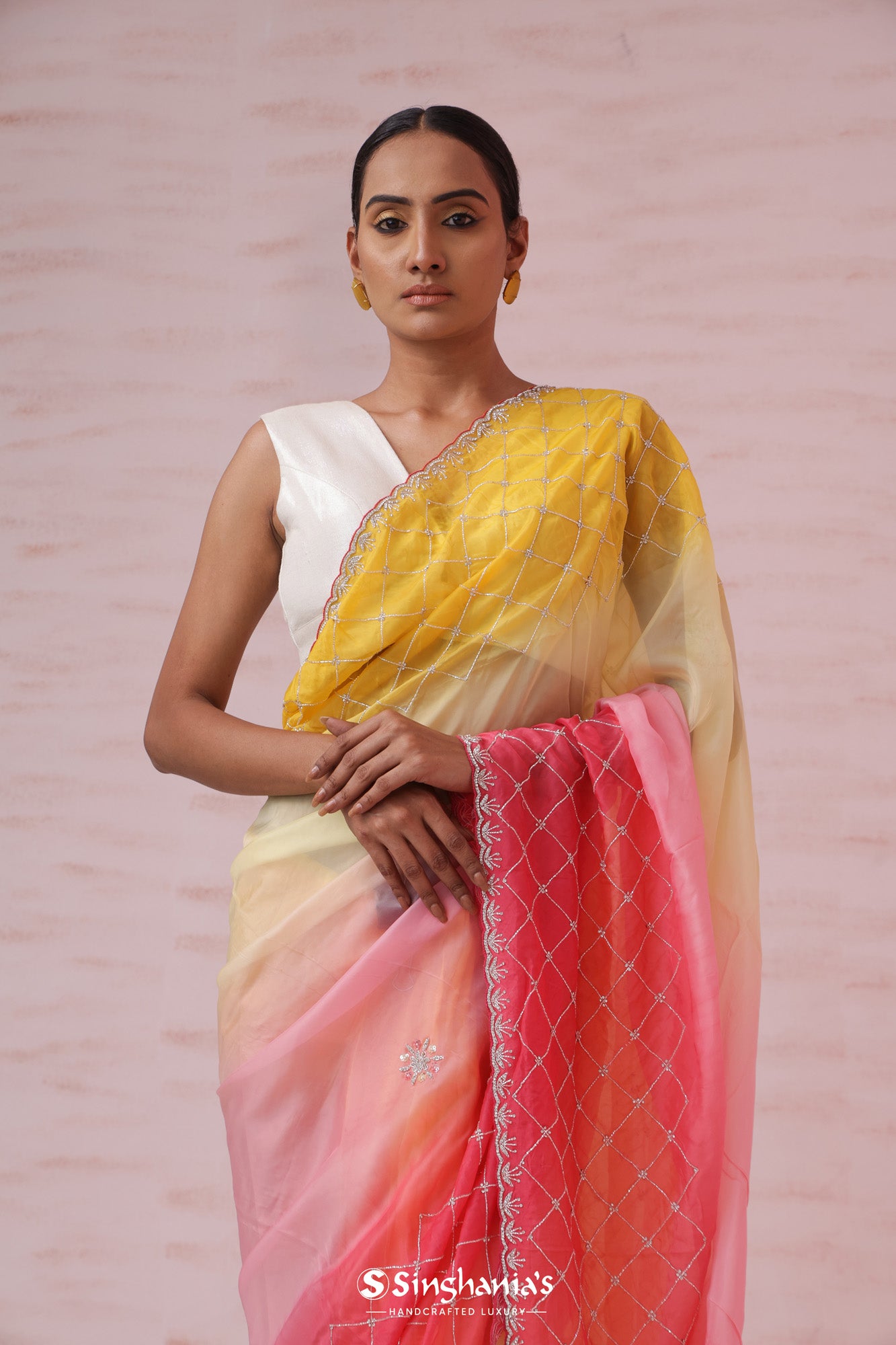 Yellow And Peach Tissue Organza Saree With Hand Embroidery