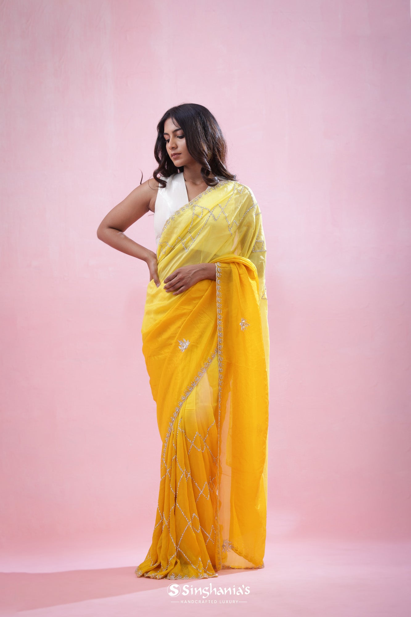 Bright Yellow Tissue Organza Saree With Hand Embroidery