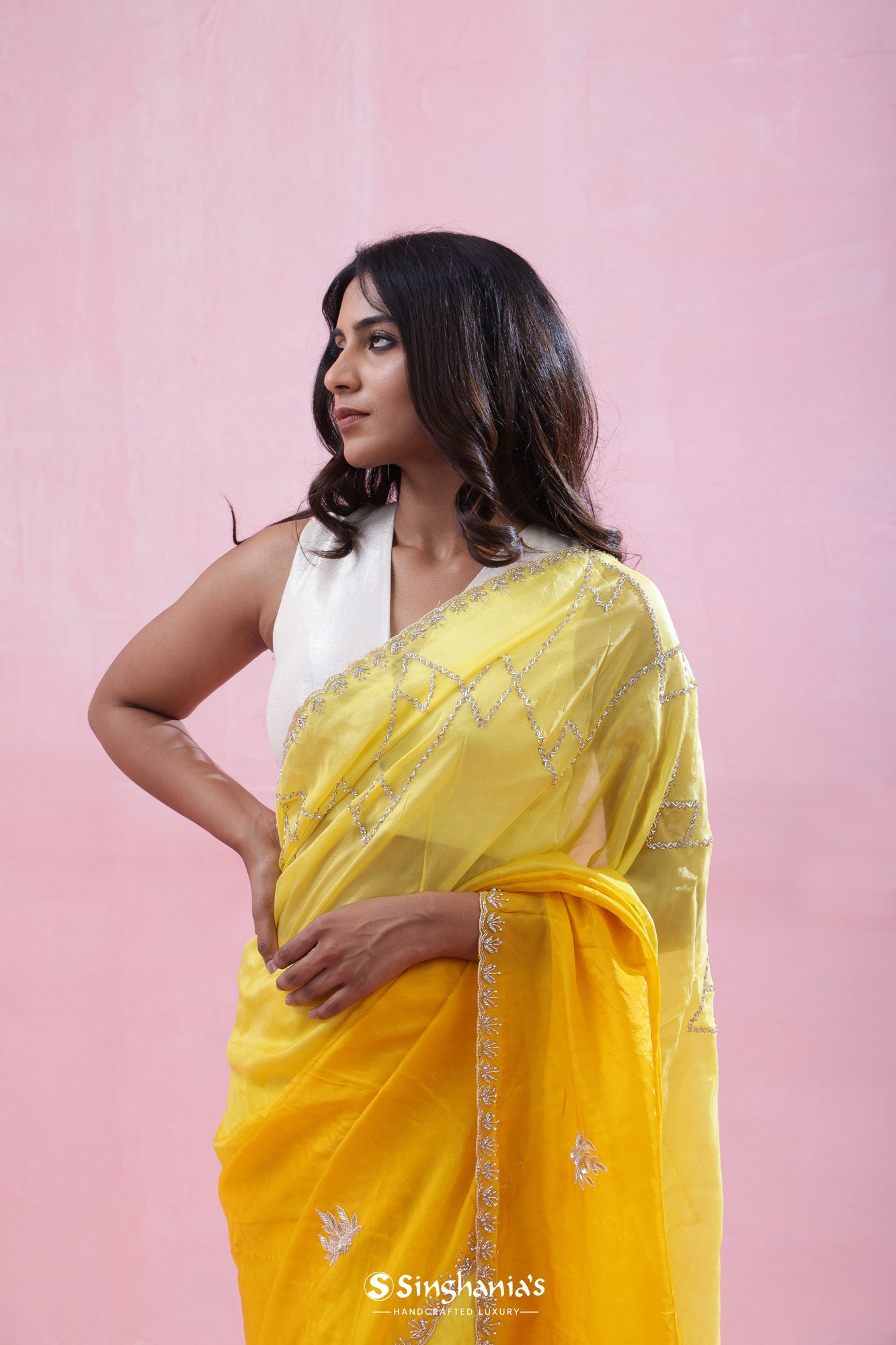 Bright Yellow Tissue Organza Saree With Hand Embroidery