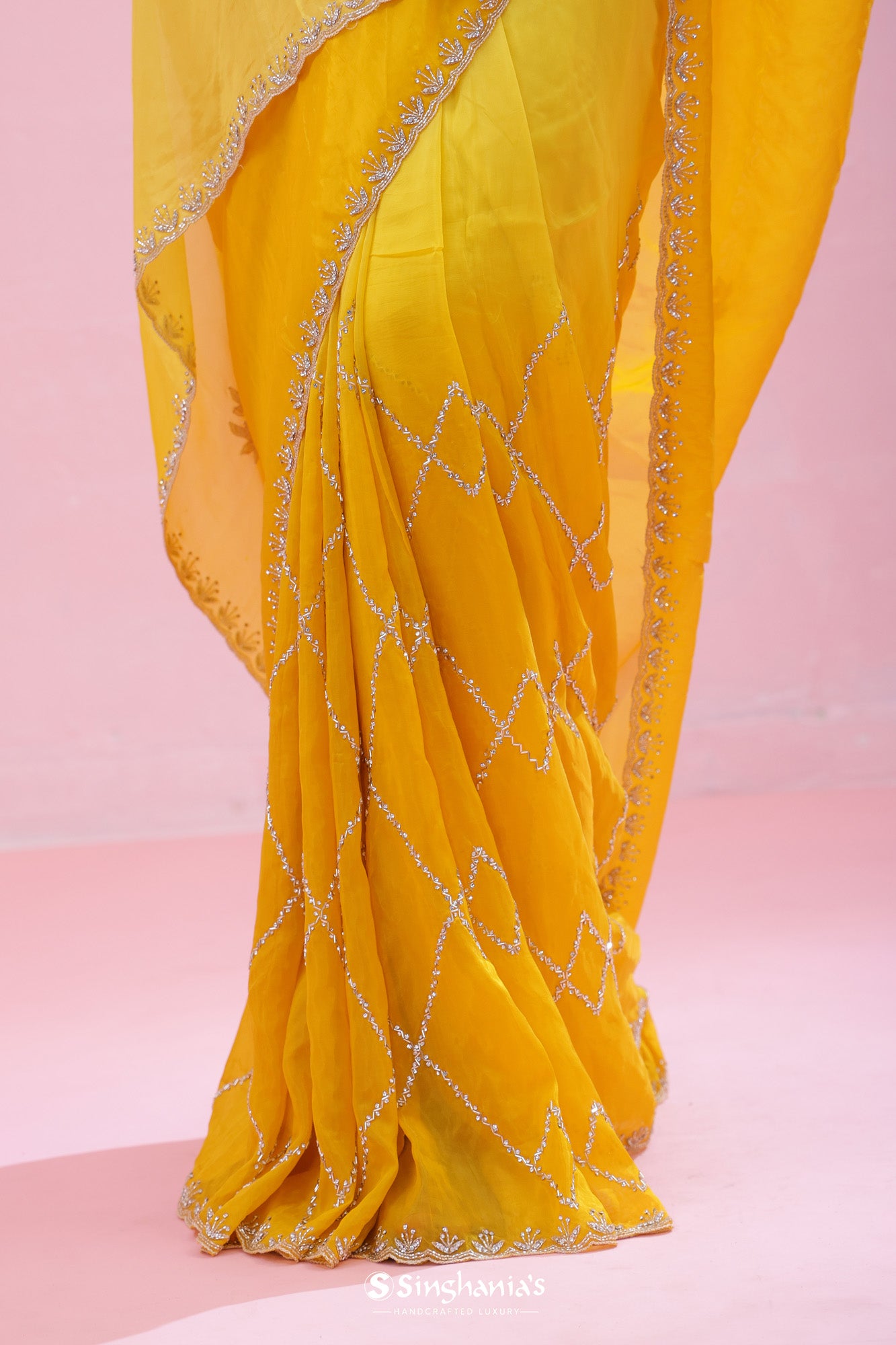 Bright Yellow Tissue Organza Saree With Hand Embroidery