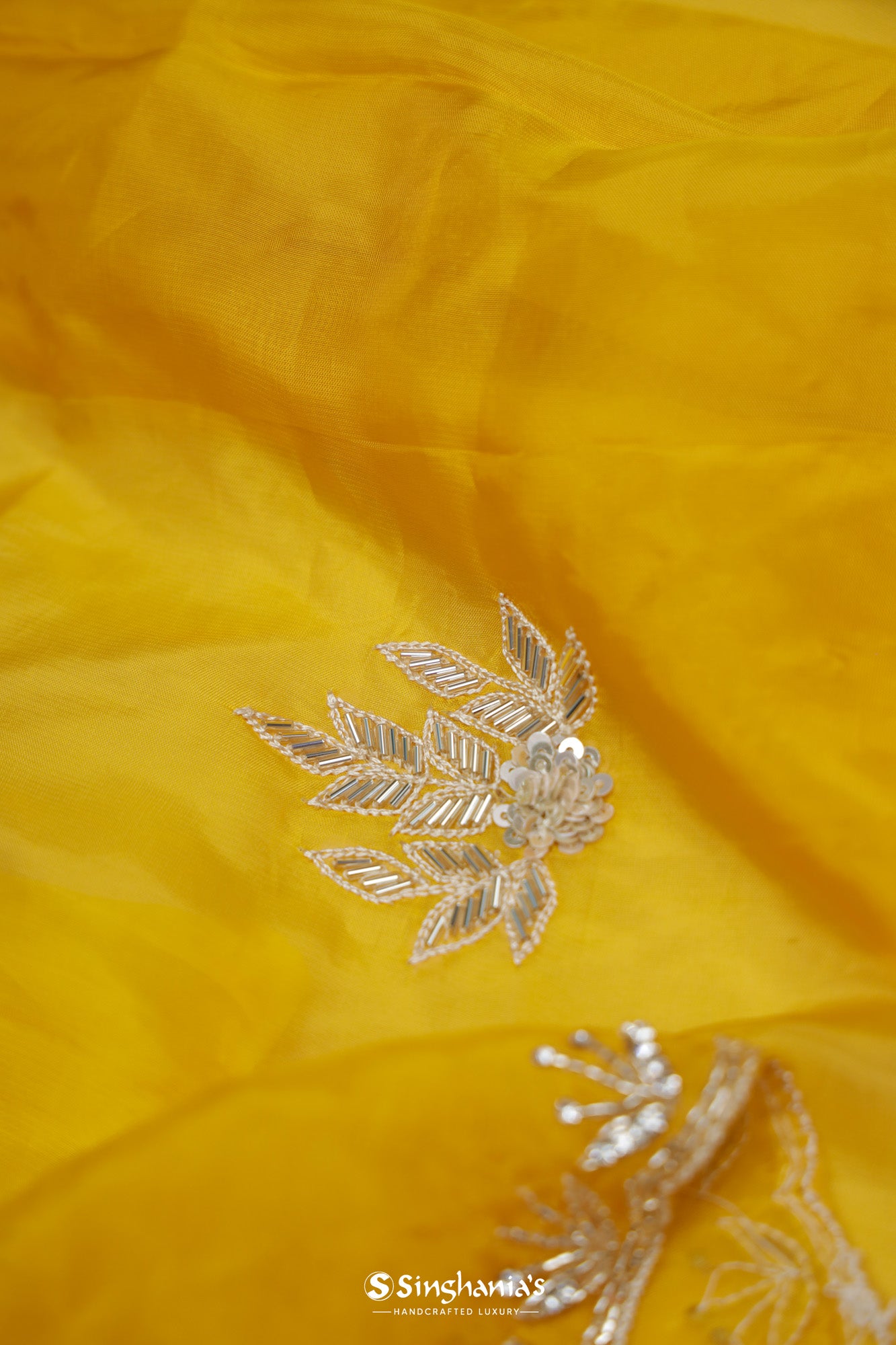 Bright Yellow Tissue Organza Saree With Hand Embroidery