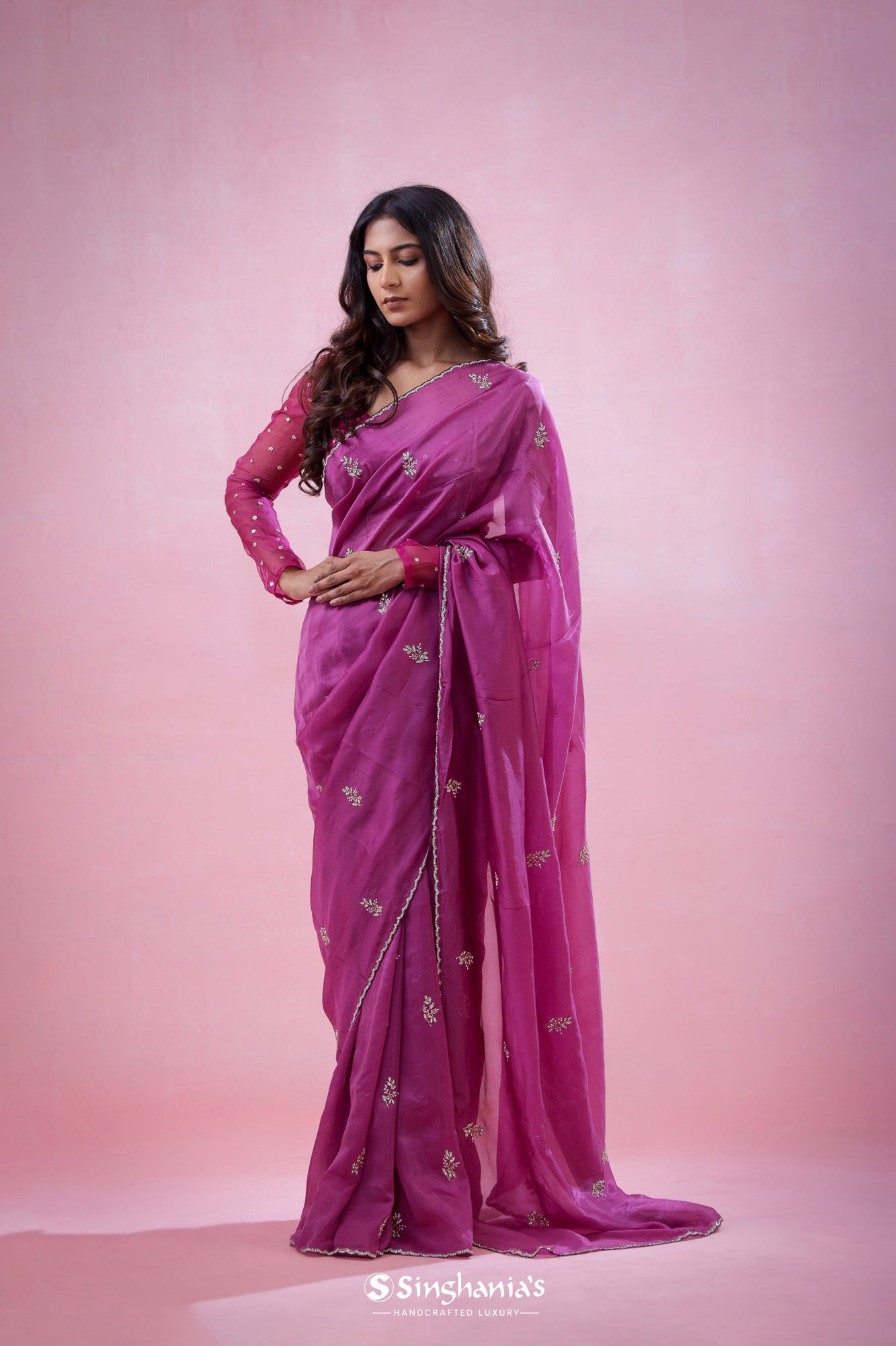 Fandango Pink Organza Saree With Hand Embroidery