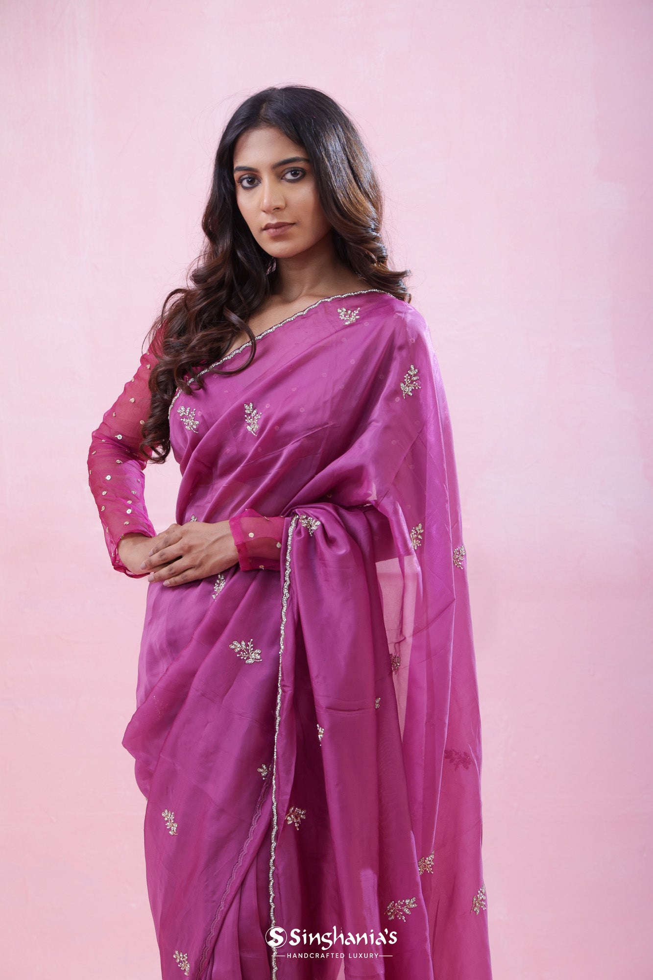 Fandango Pink Organza Saree With Hand Embroidery