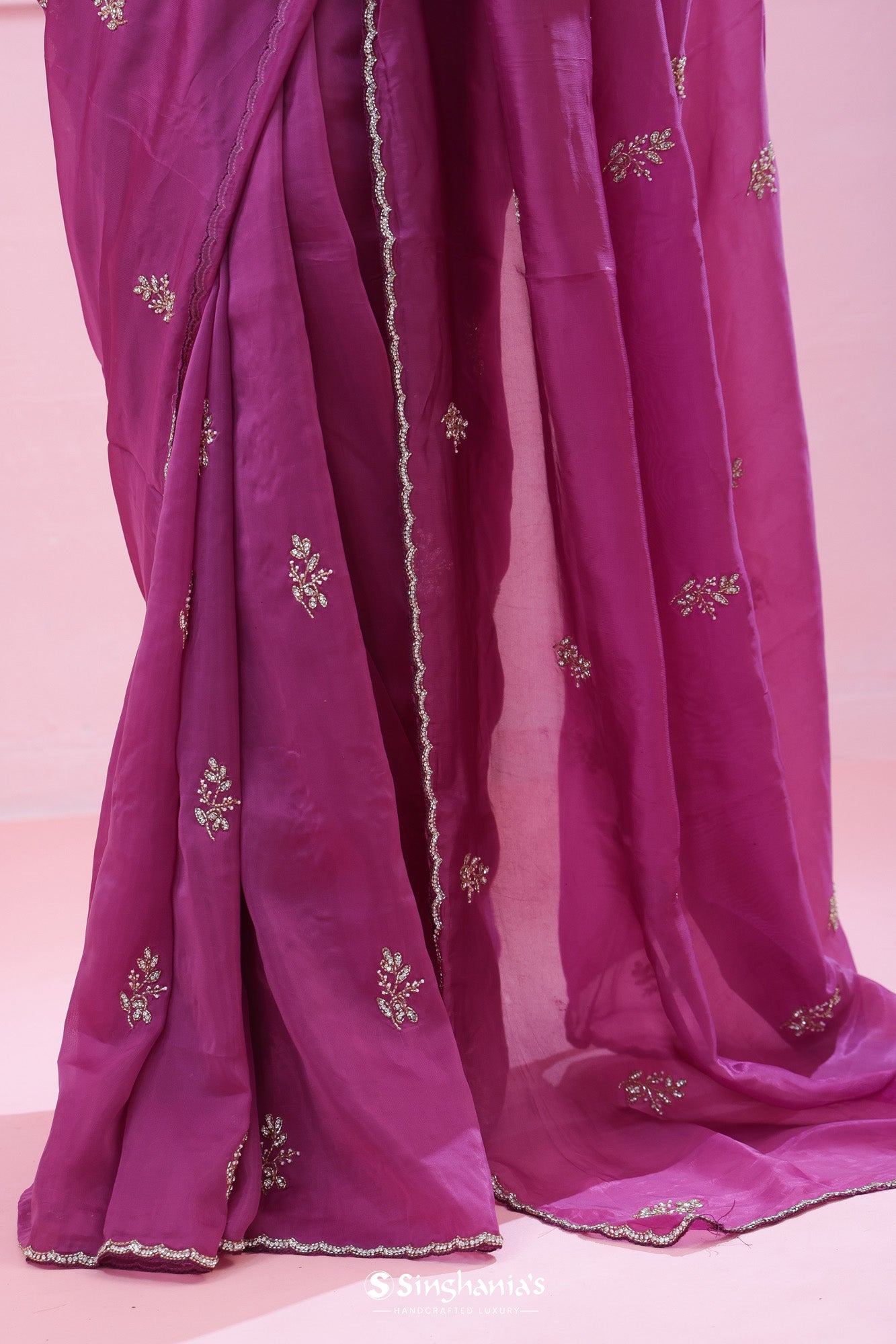 Fandango Pink Organza Saree With Hand Embroidery