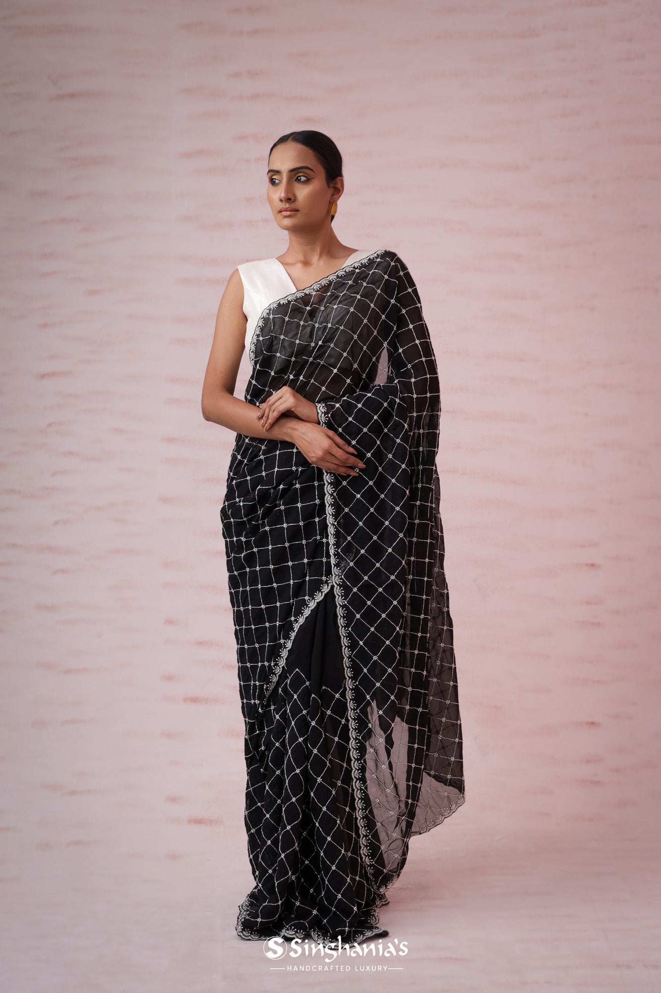 Black Organza Designer Saree With Hand Embroidery