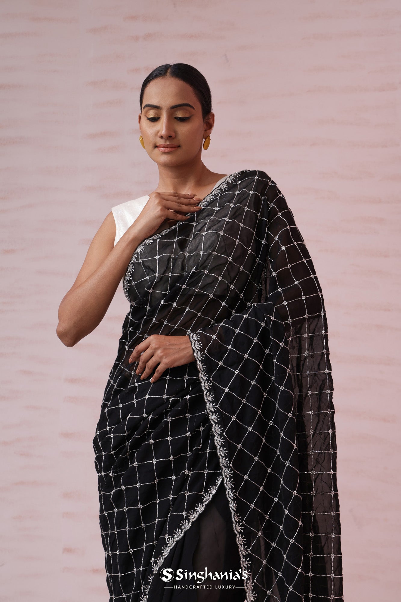 Black Organza Designer Saree With Hand Embroidery