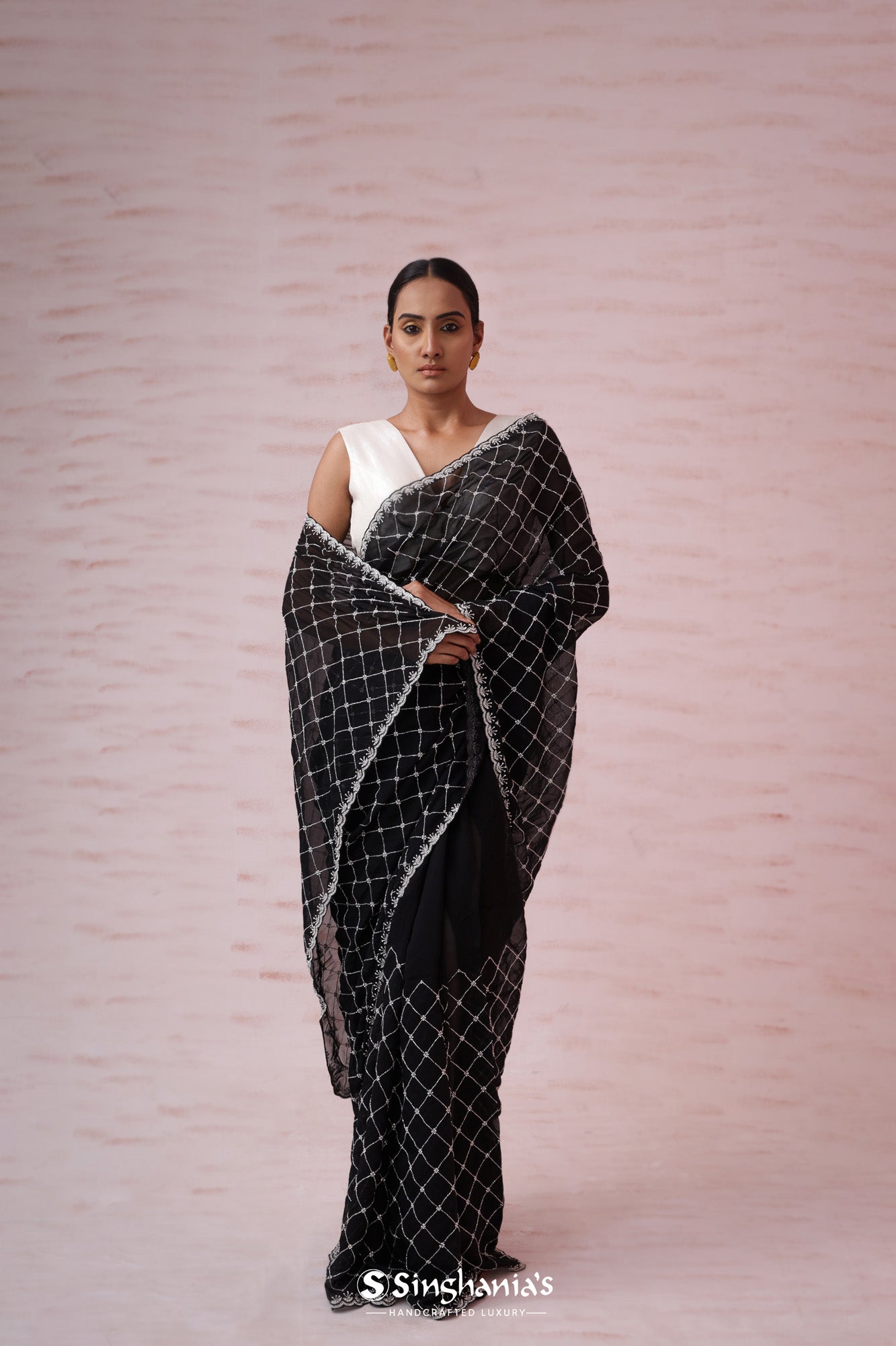 Black Organza Designer Saree With Hand Embroidery