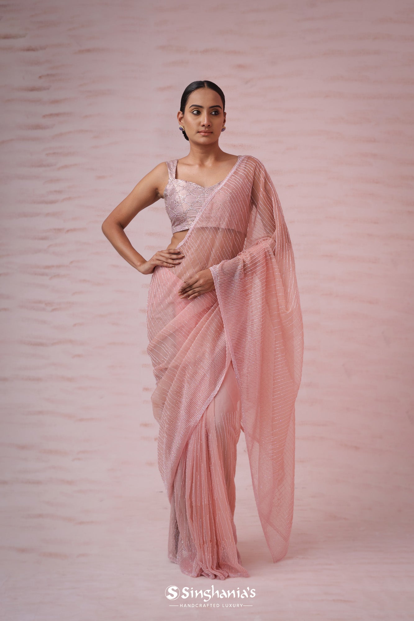 Coral Pink Organza Saree With Hand Embroidery