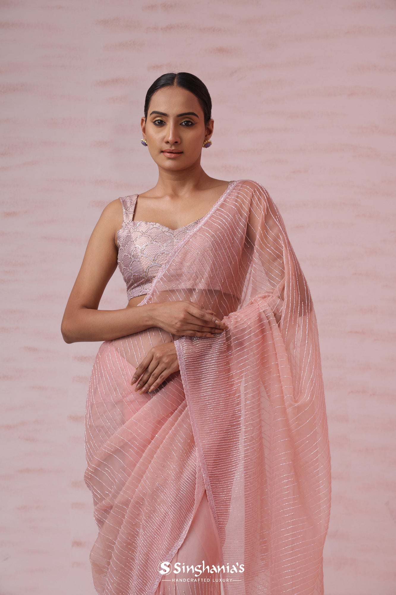 Coral Pink Organza Saree With Hand Embroidery