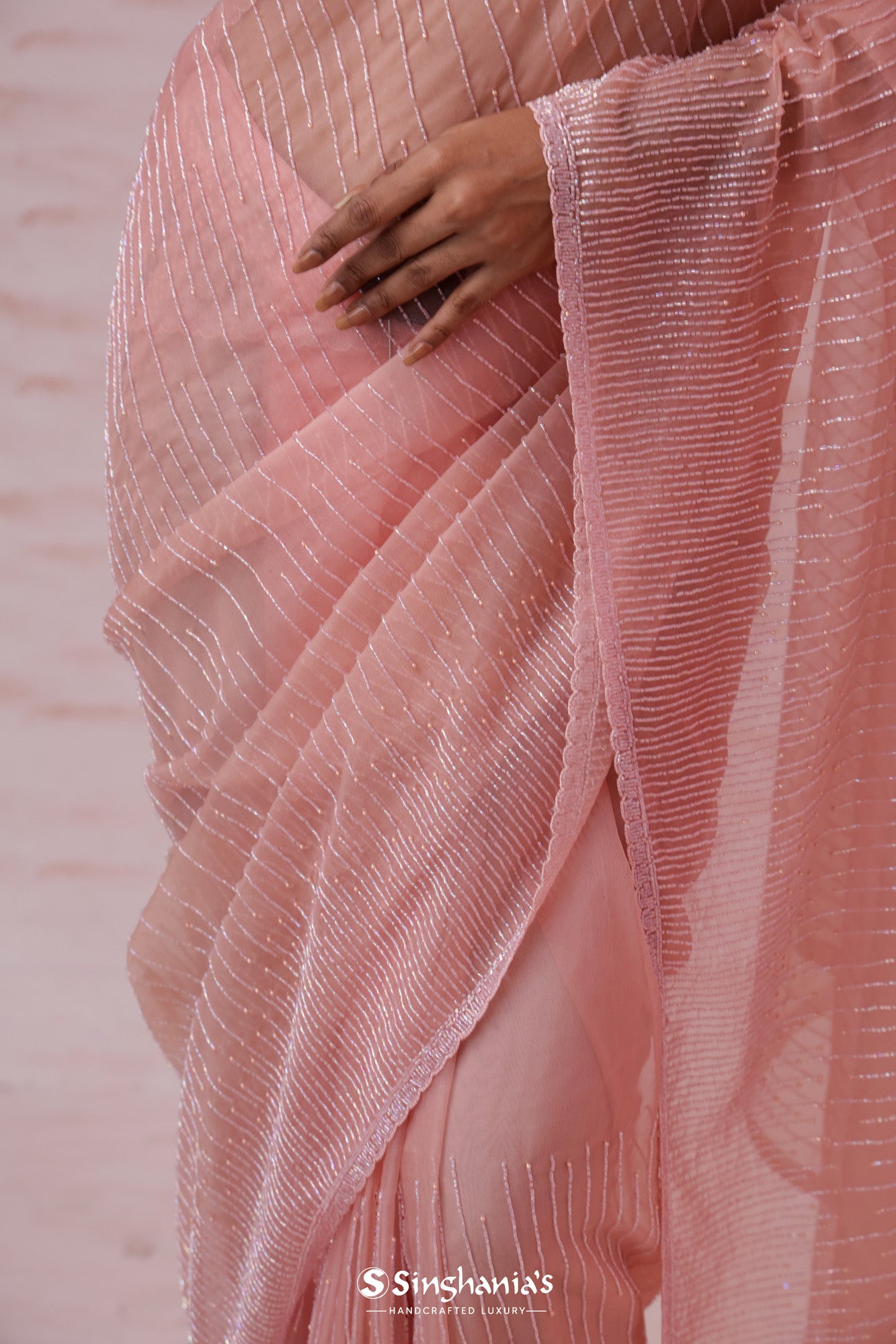 Coral Pink Organza Saree With Hand Embroidery