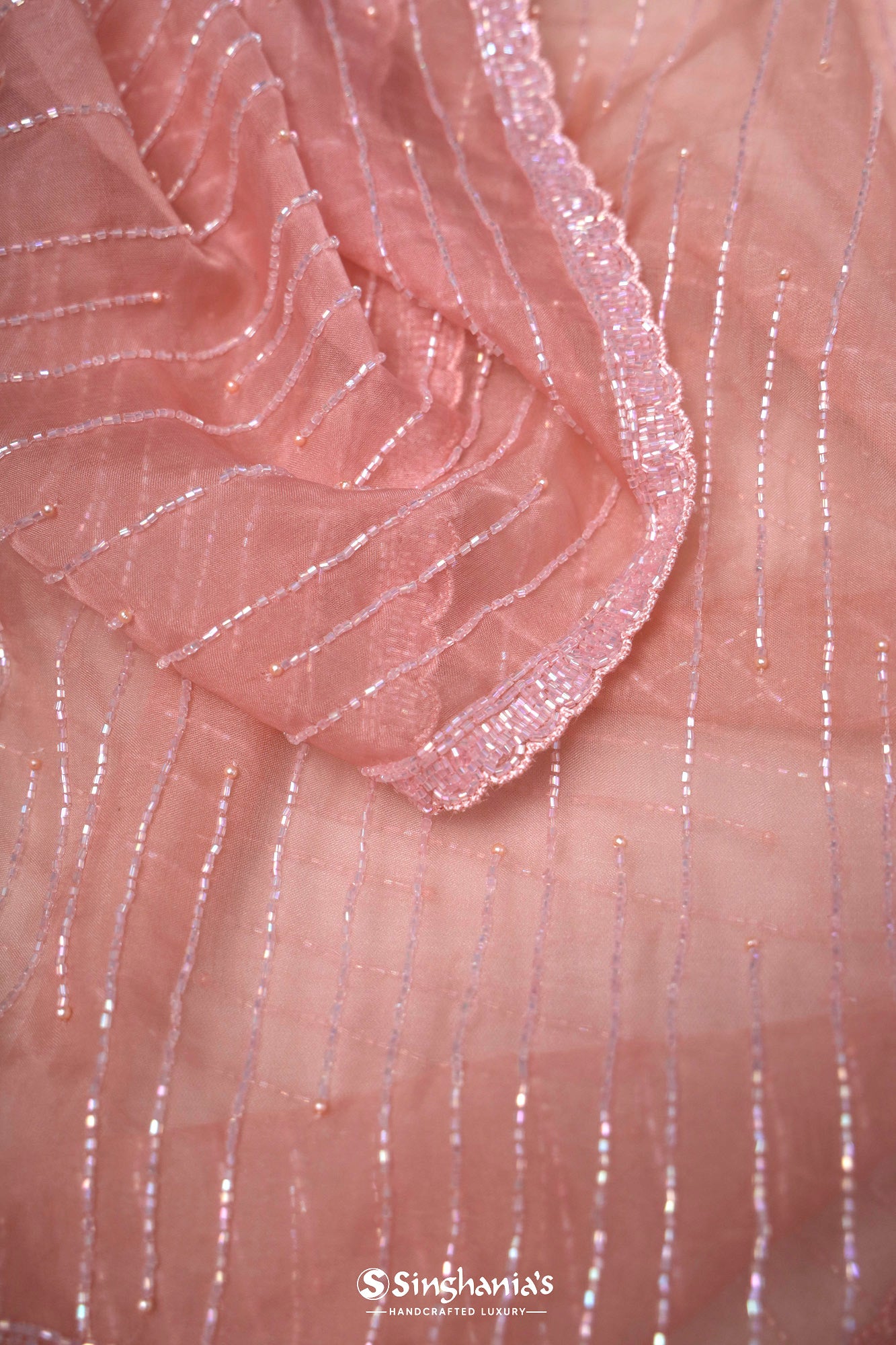 Coral Pink Organza Saree With Hand Embroidery