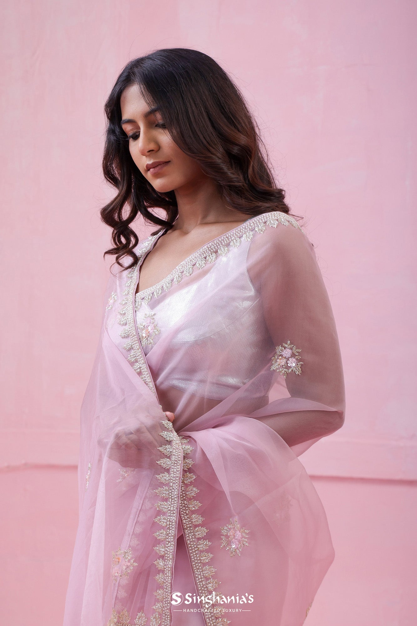 Pale Lavender Organza Saree With Hand Embroidery