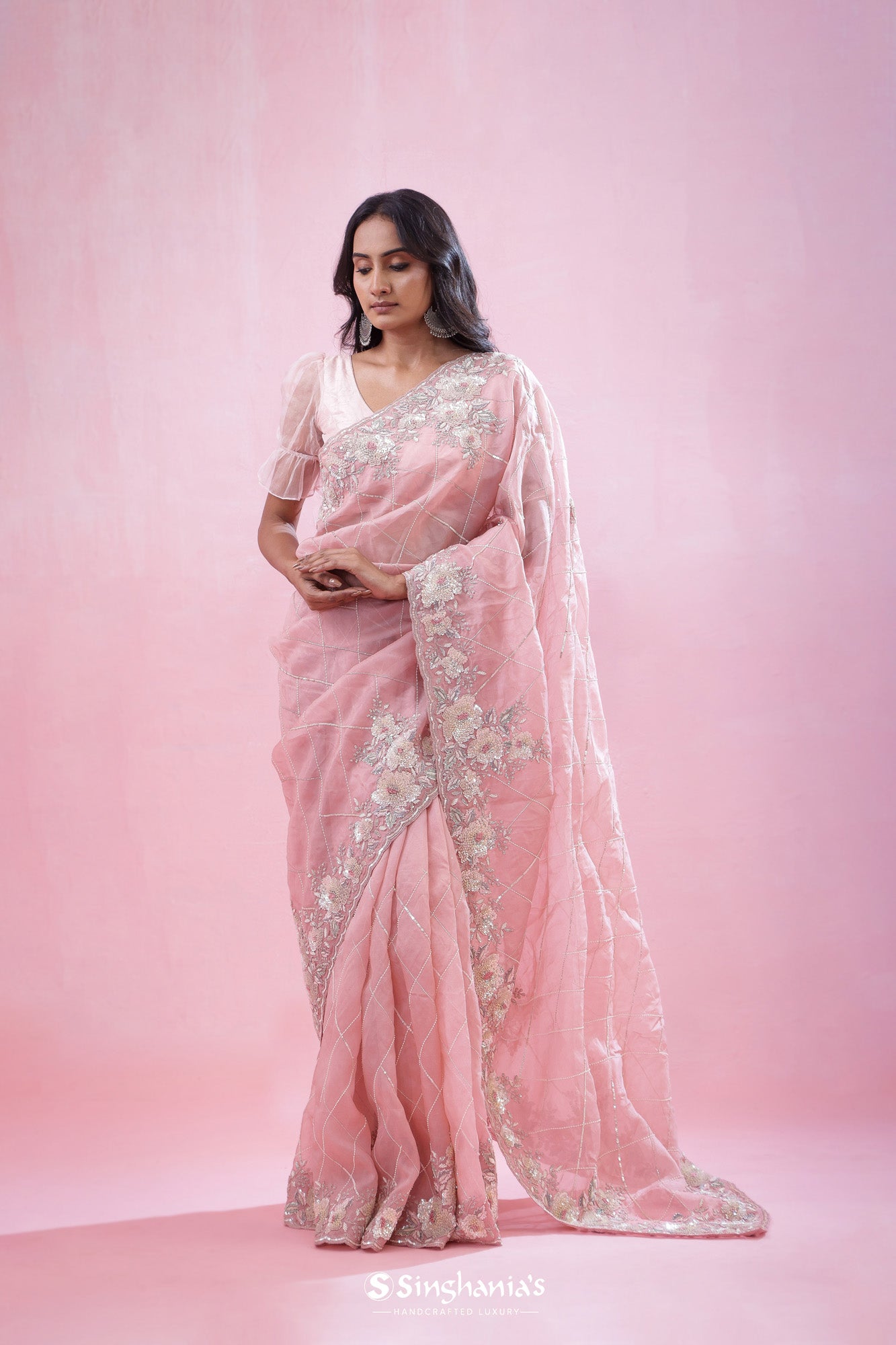 Bubblegum Pink Tissue Organza Saree With Hand Embroidery