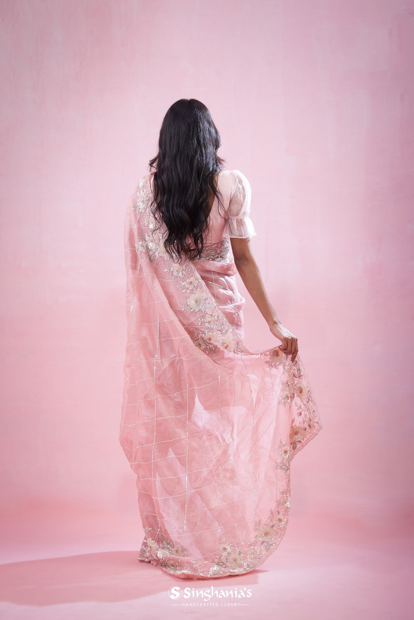 Bubblegum Pink Tissue Organza Saree With Hand Embroidery