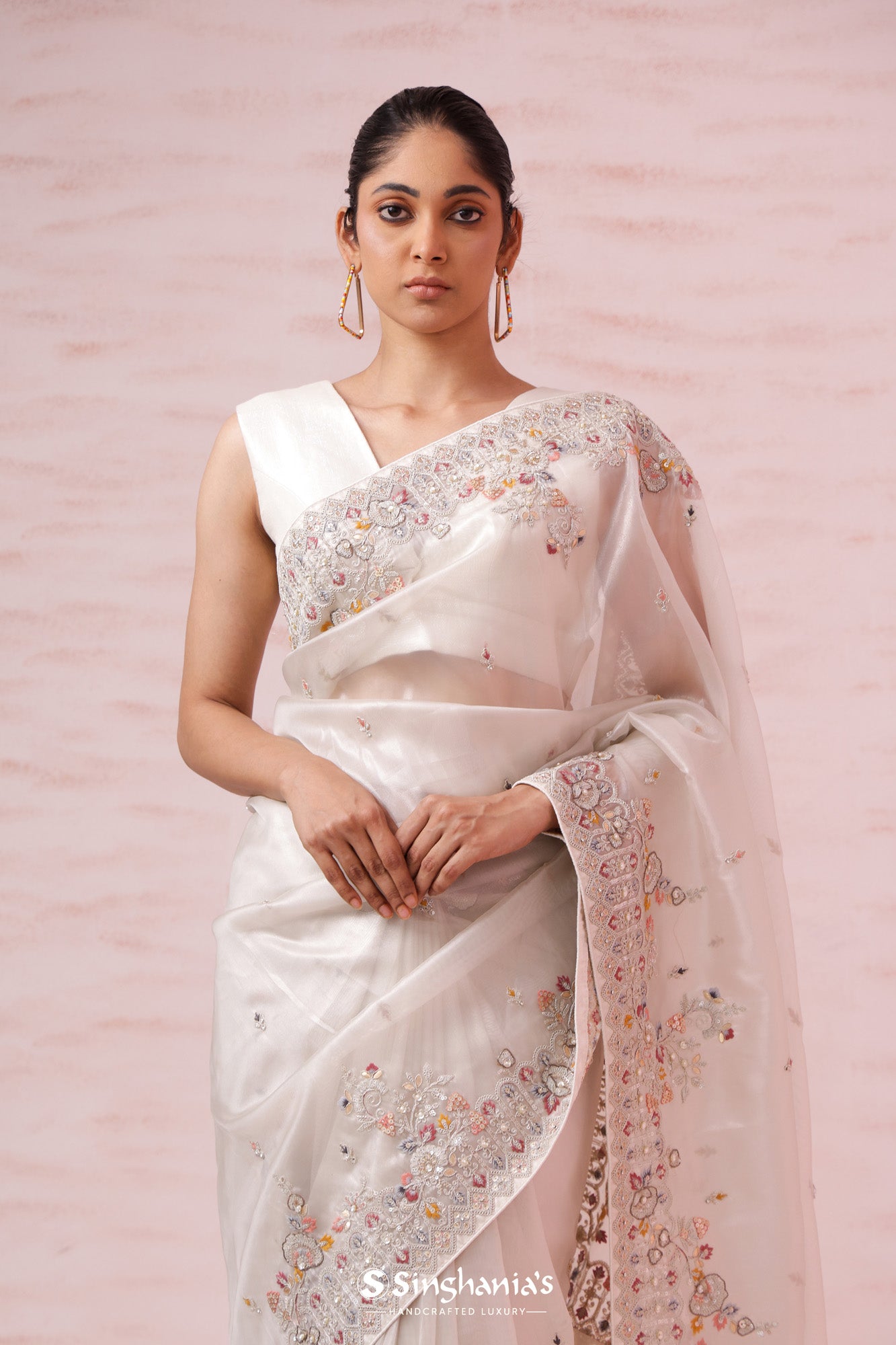 Spring White Tissue Organza Saree With Hand Embroidery