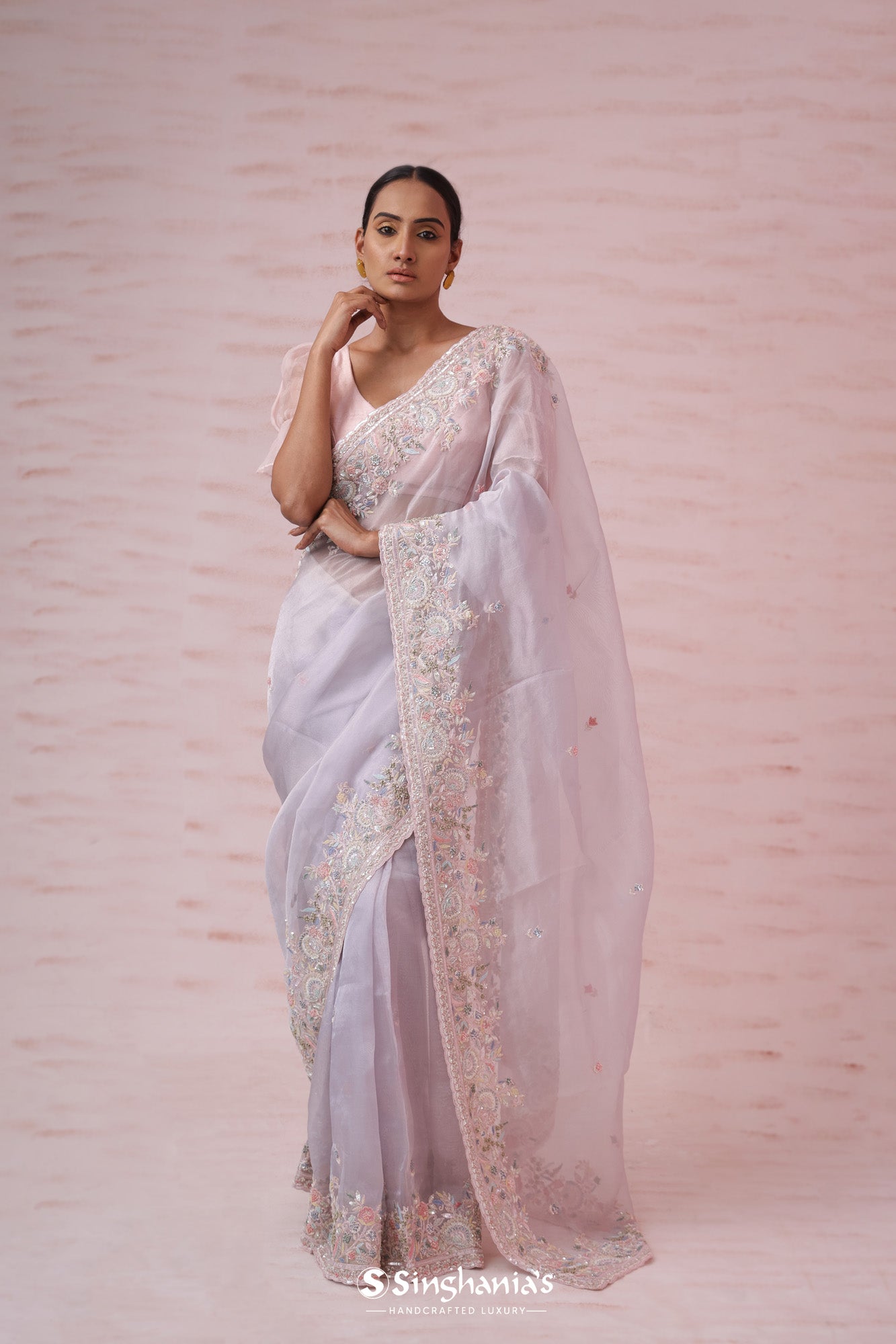 Pale Blue Handcrafted Tissue Organza Saree