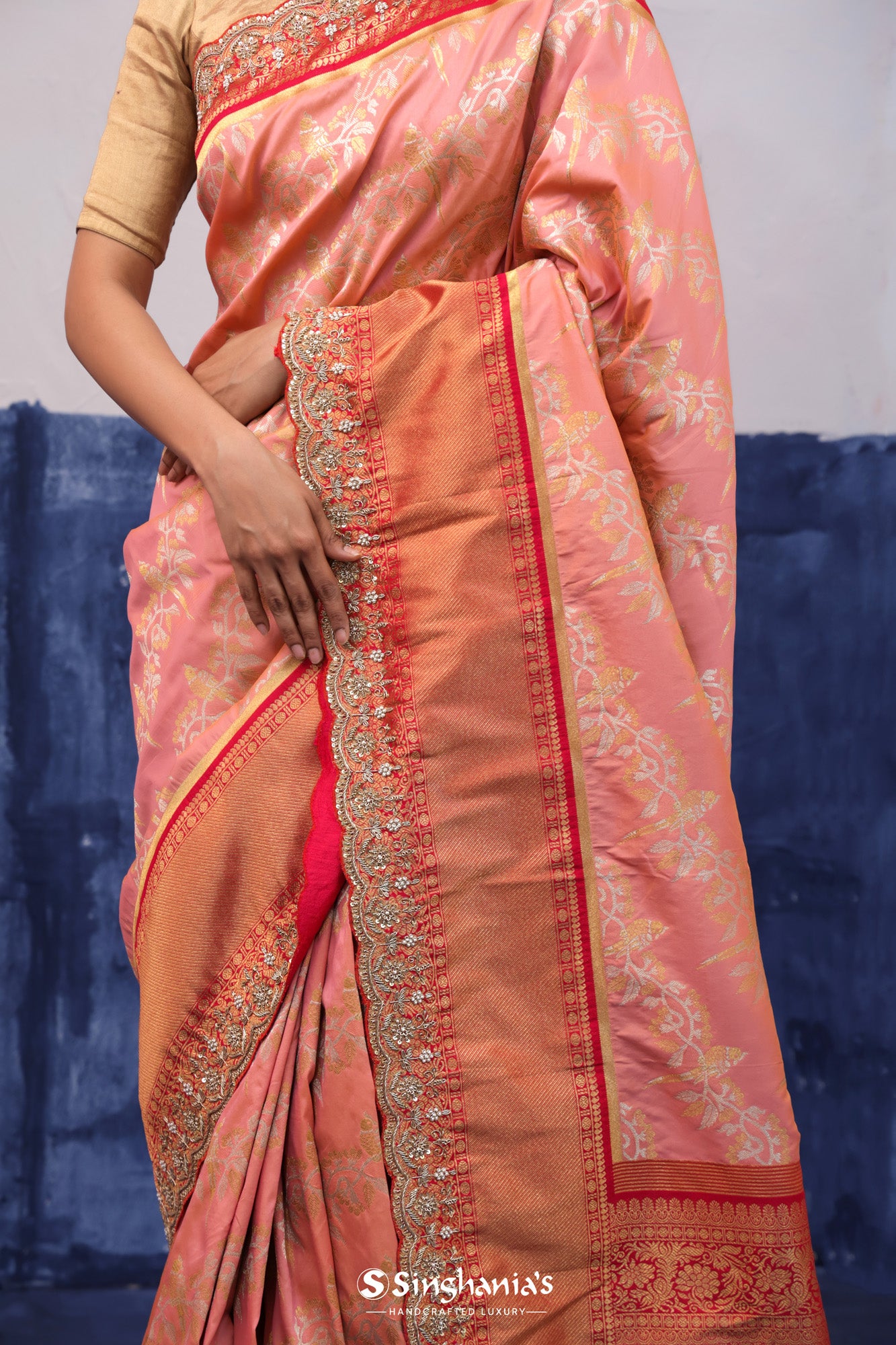 Tulip Pink Banarasi Silk Saree With Jangla Design