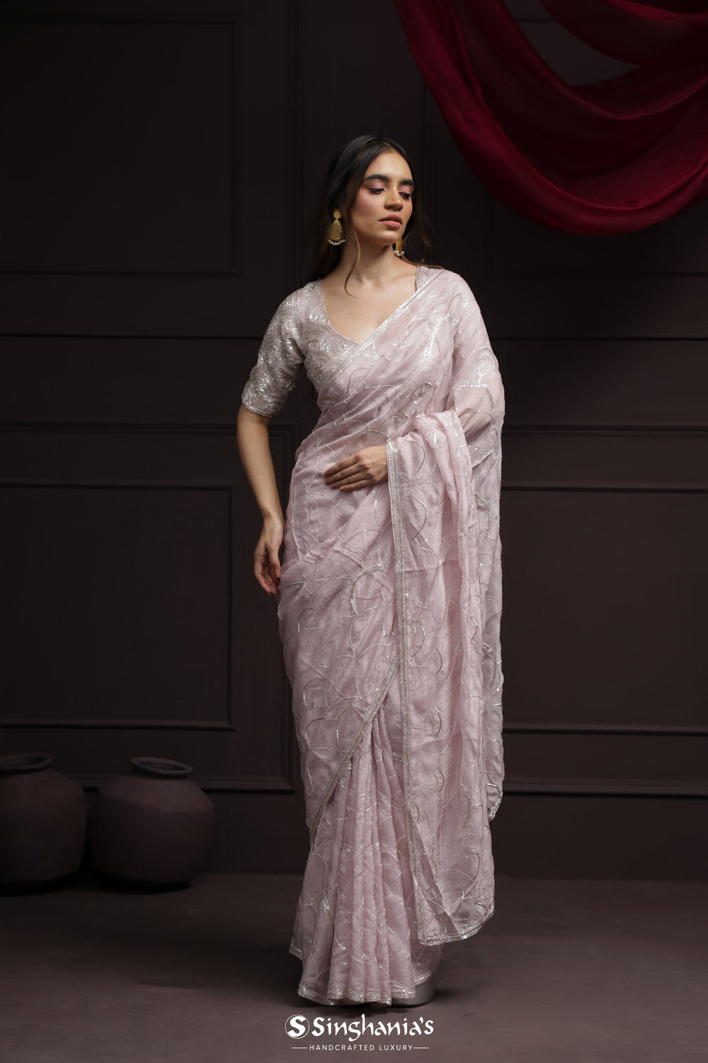 Pale Purple Tissue Designer Saree With Floral Embroidery