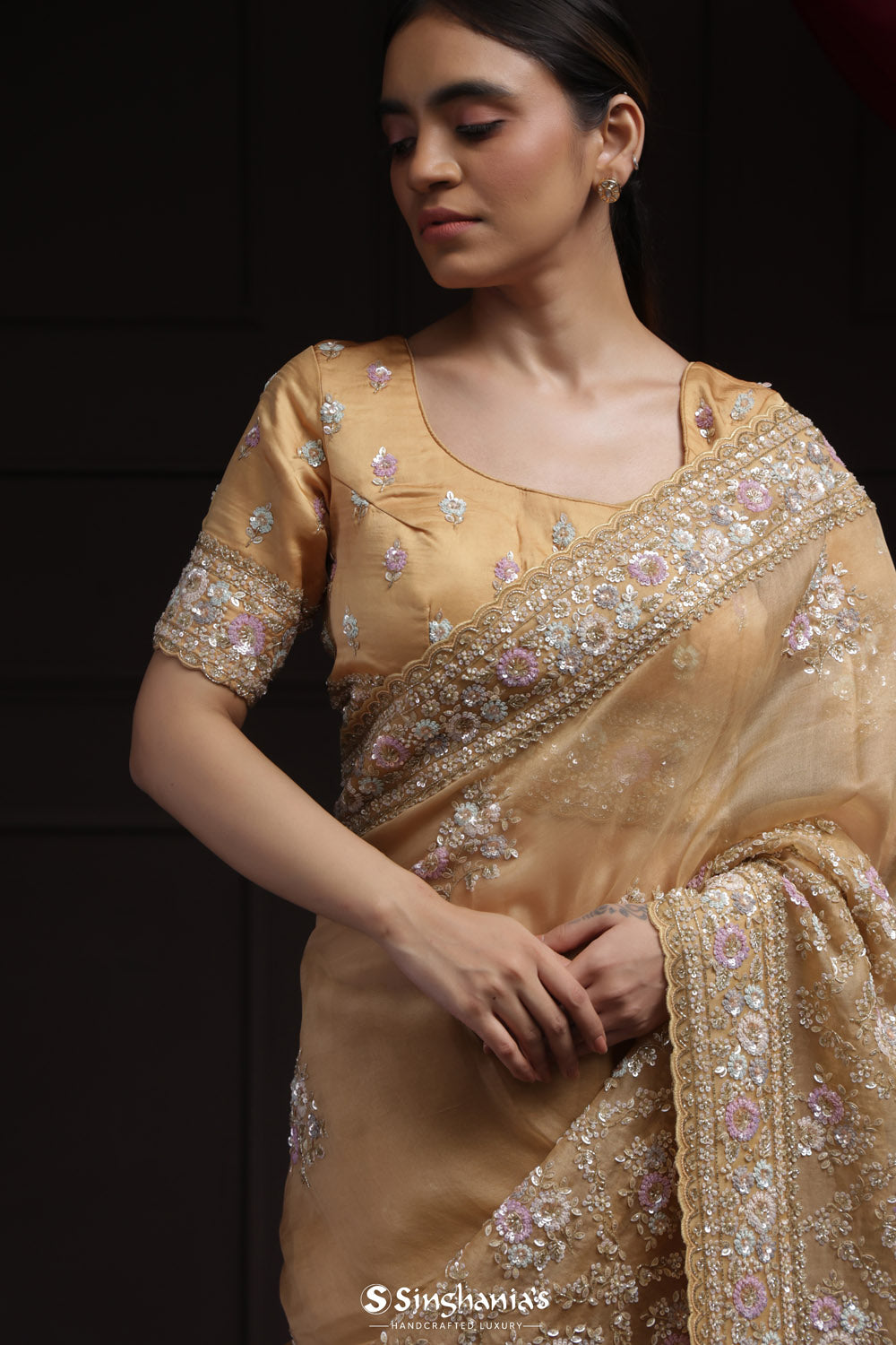 Light Orange Tissue Designer Saree With Floral Embroidery