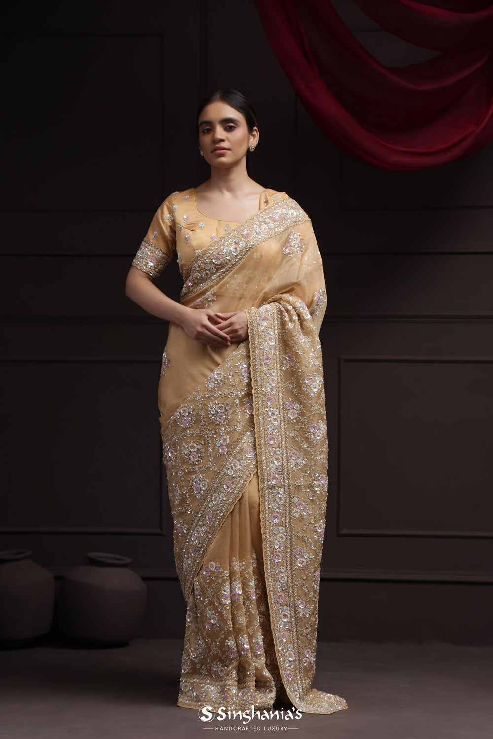 Light Orange Tissue Designer Saree With Floral Embroidery