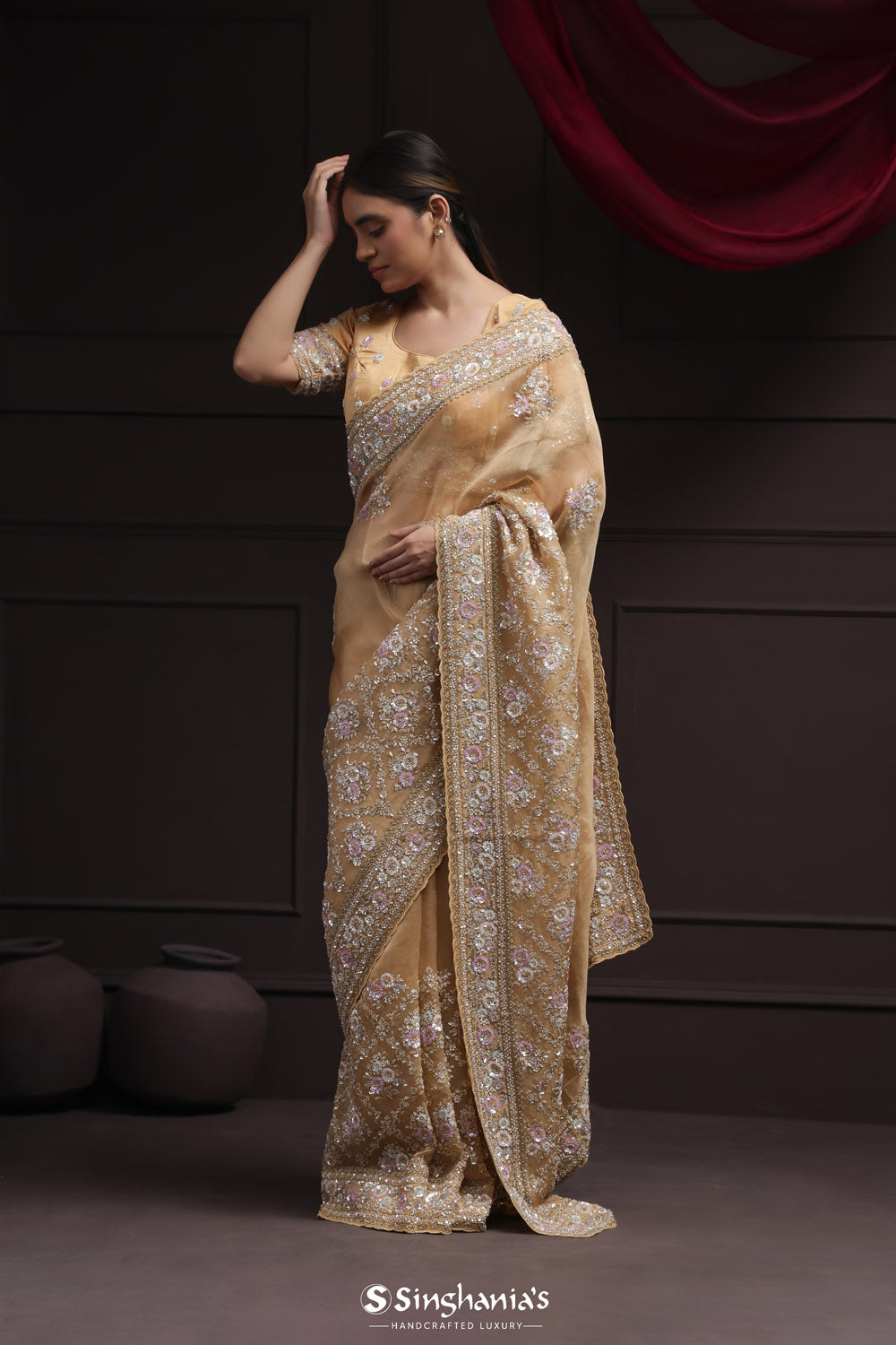 Light Orange Tissue Designer Saree With Floral Embroidery