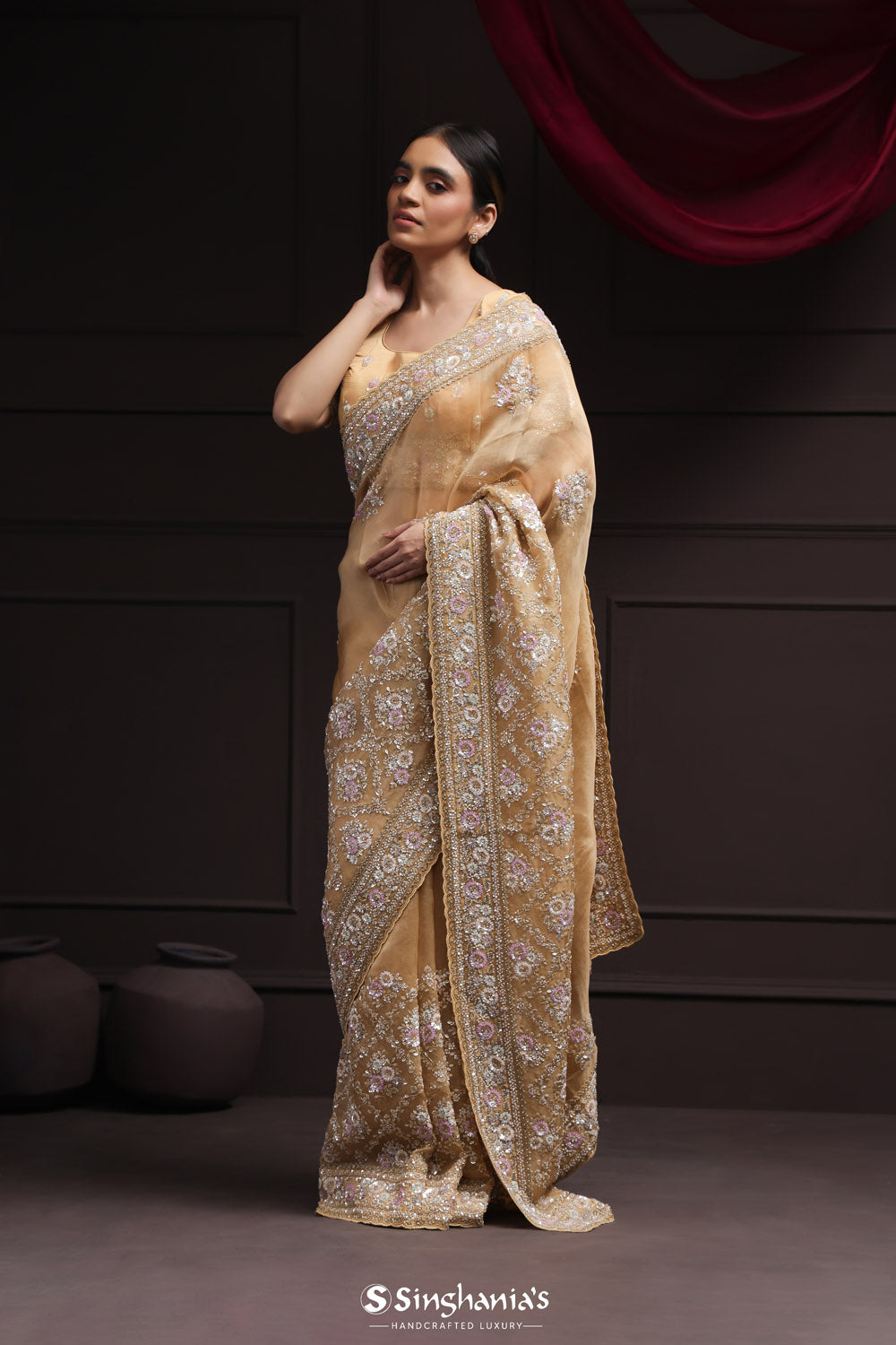 Light Orange Tissue Designer Saree With Floral Embroidery