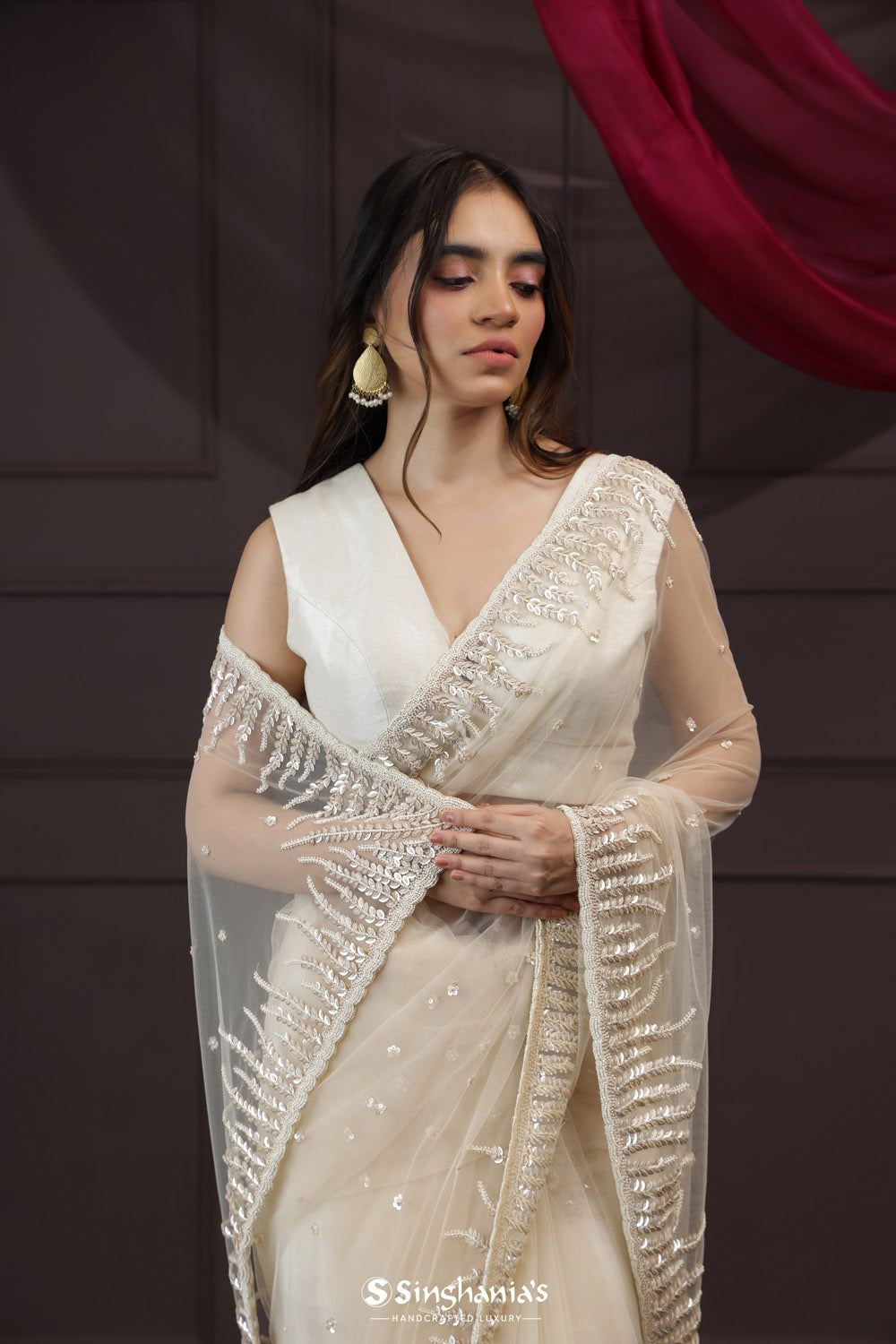 Delicate White Tissue Designer Saree With Floral Embroidery