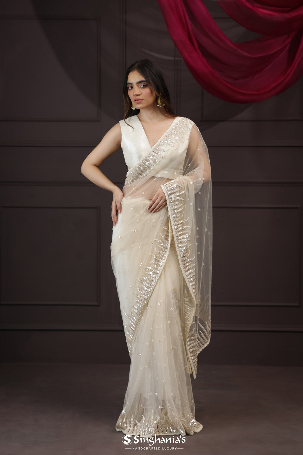 Delicate White Tissue Designer Saree With Floral Embroidery