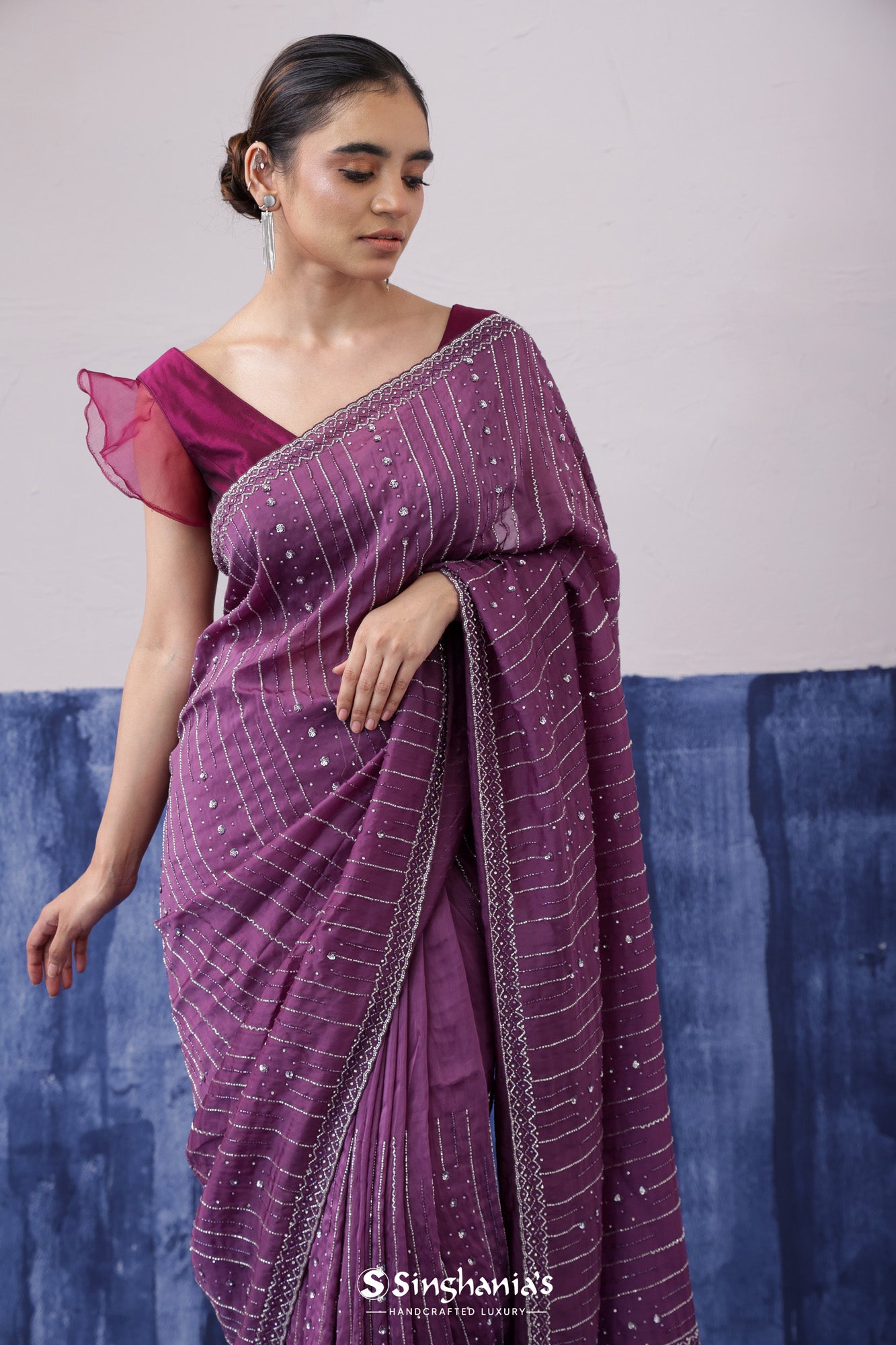 Pearly Purple Organza Saree With Hand Embroidery