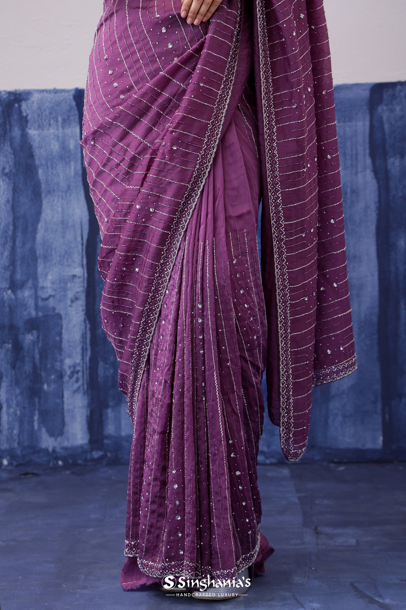 Pearly Purple Organza Saree With Hand Embroidery