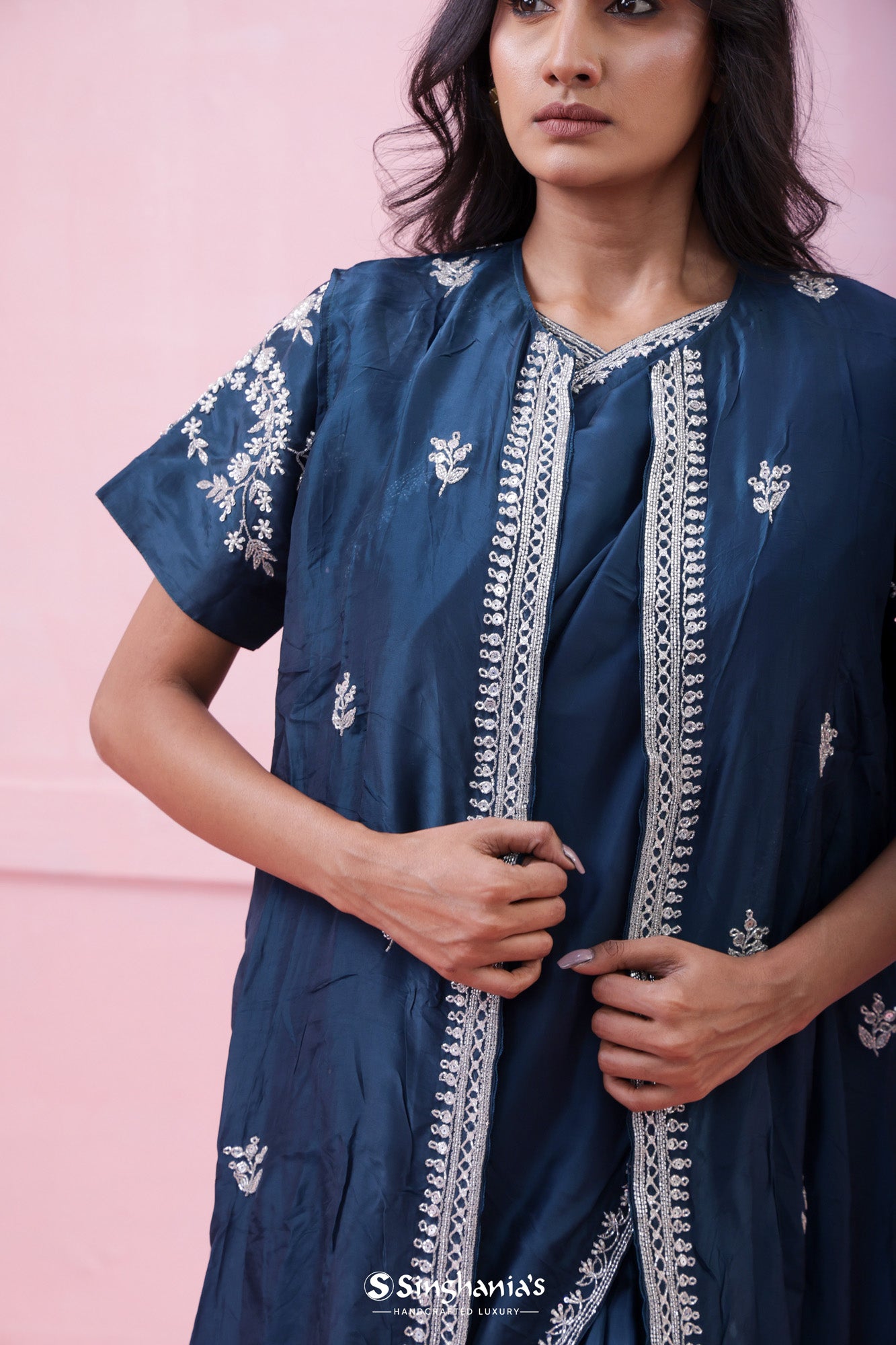 Prussian Blue Organza Saree With Hand Embroidery