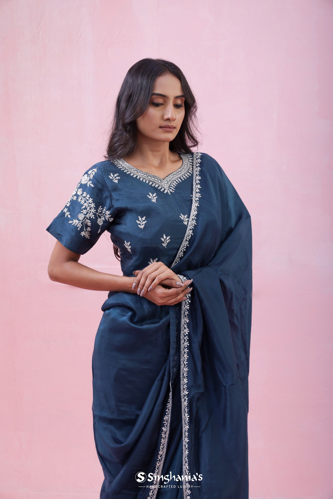 Prussian Blue Organza Saree With Hand Embroidery