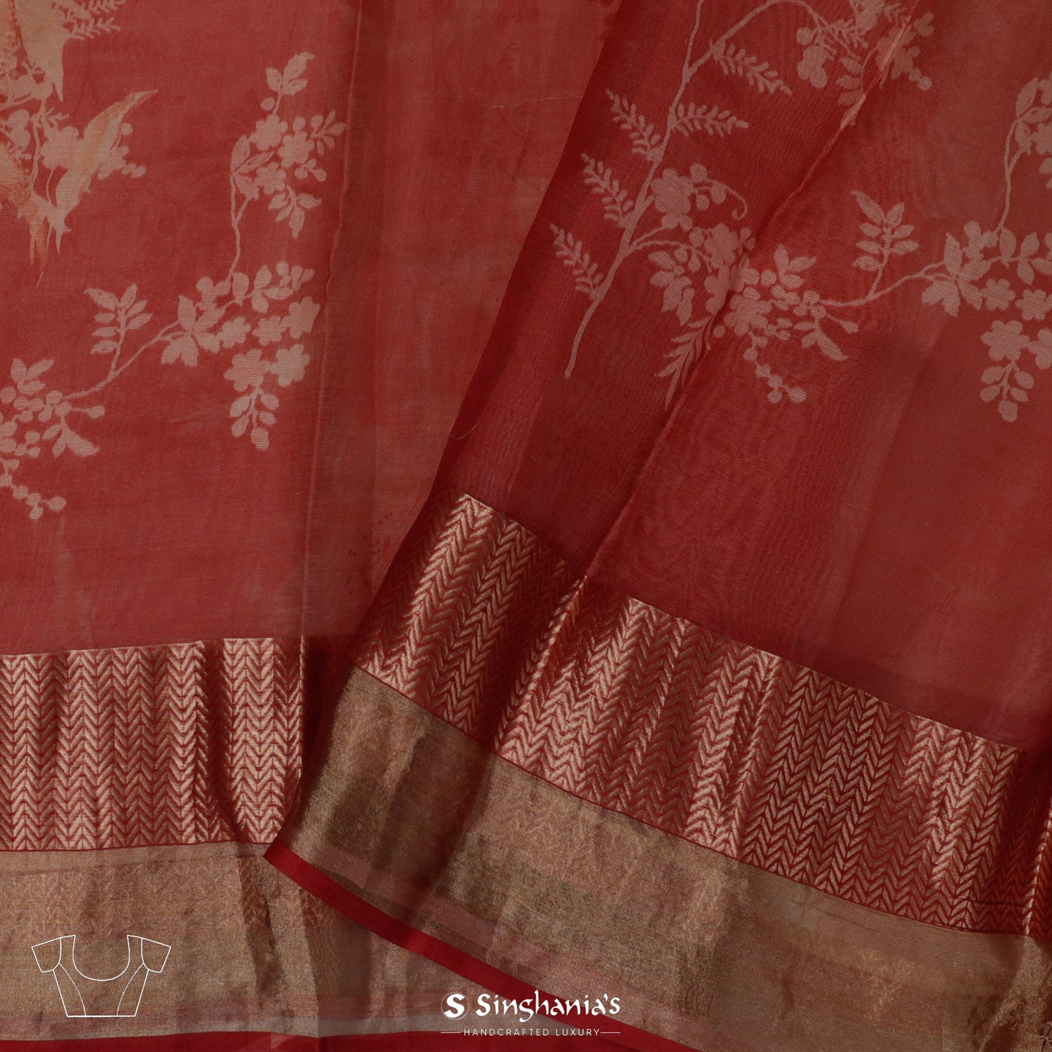 Pastel Red Printed Maheshwari Saree With Floral Pattern
