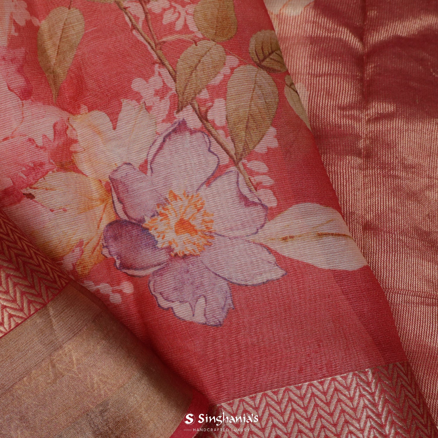 Pastel Red Printed Maheshwari Saree With Floral Pattern