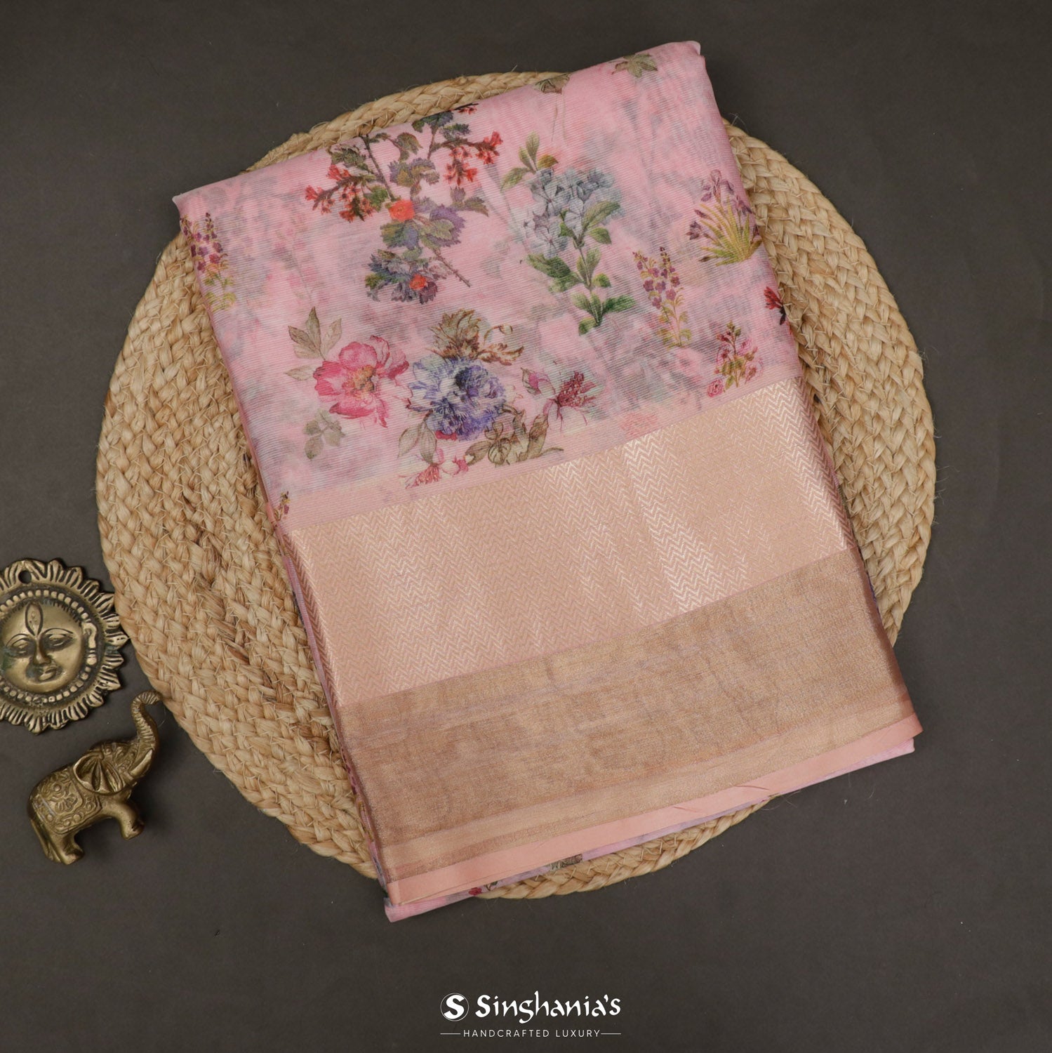 Light Pink Printed Maheshwari Saree With Geometrical Pattern