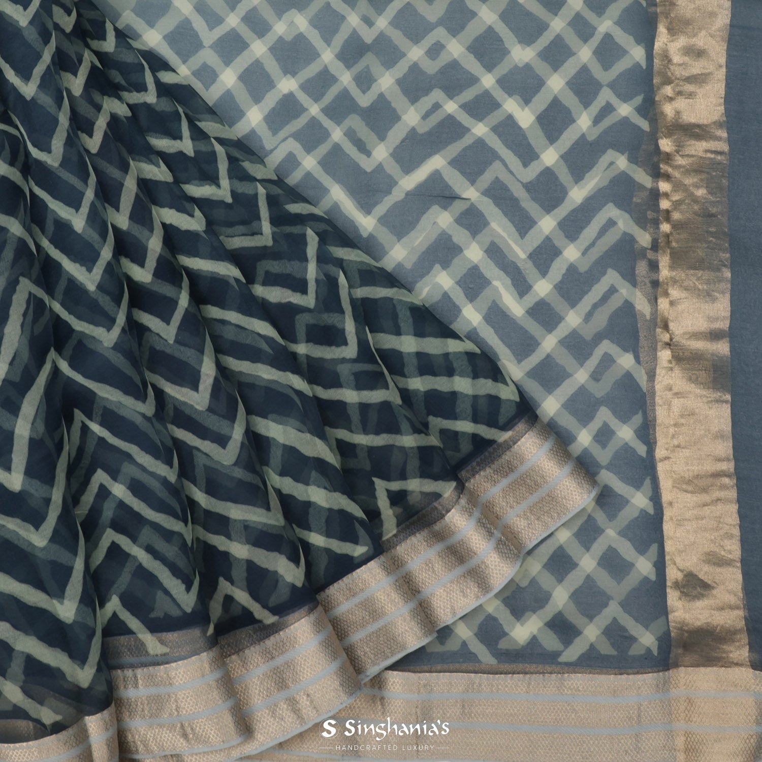 Marengo Gray Printed Organza Saree With Chevron Pattern